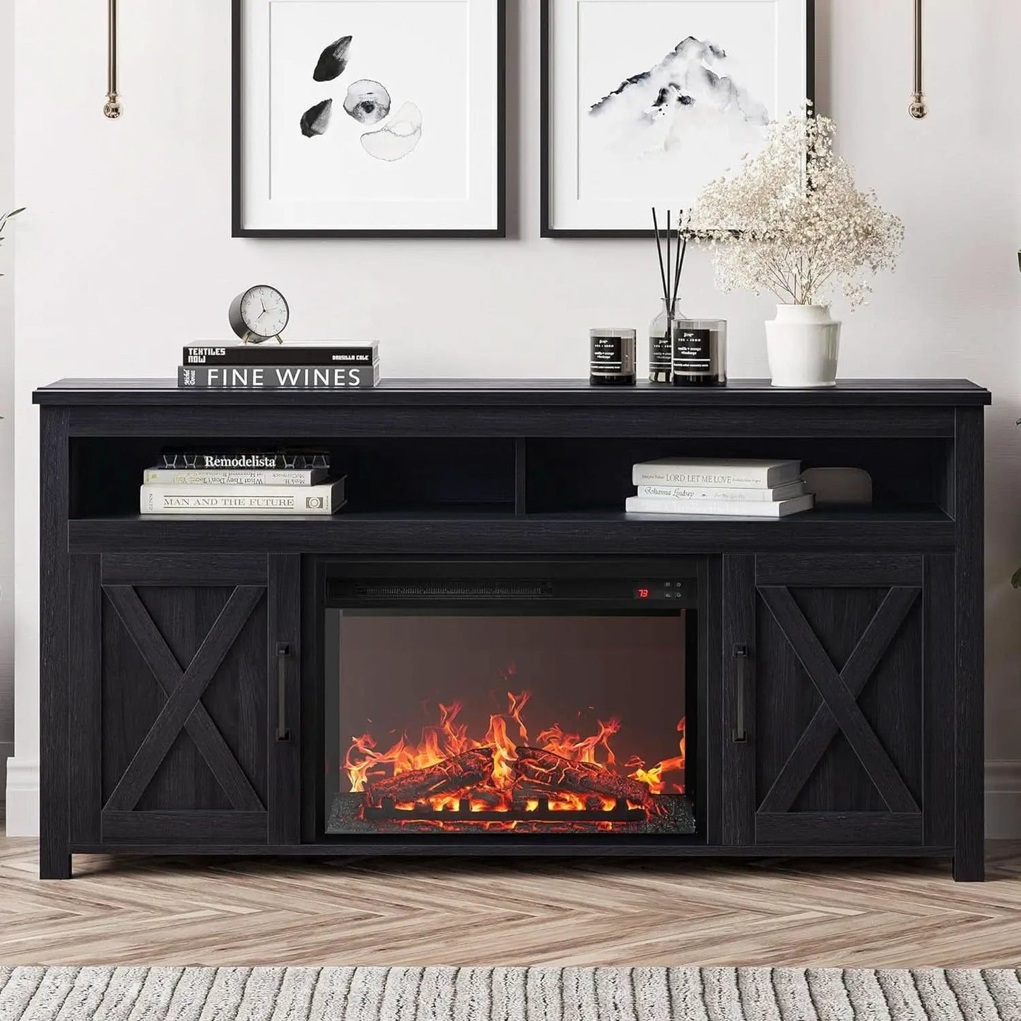 58 Inch Farmhouse TV Stand With Electric Fireplace Grey from PriceLows™