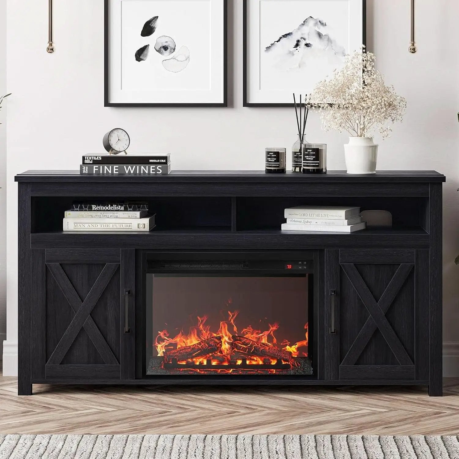 58 Inch Farmhouse TV Stand With Electric Fireplace Grey from PriceLows™