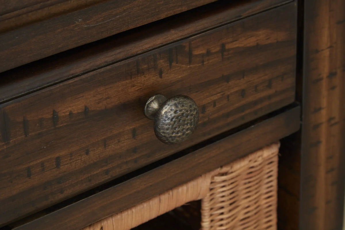 Cottage Lane Rectangular End Table | Coffee Finish | Rattan Baskets | Top Drawer
