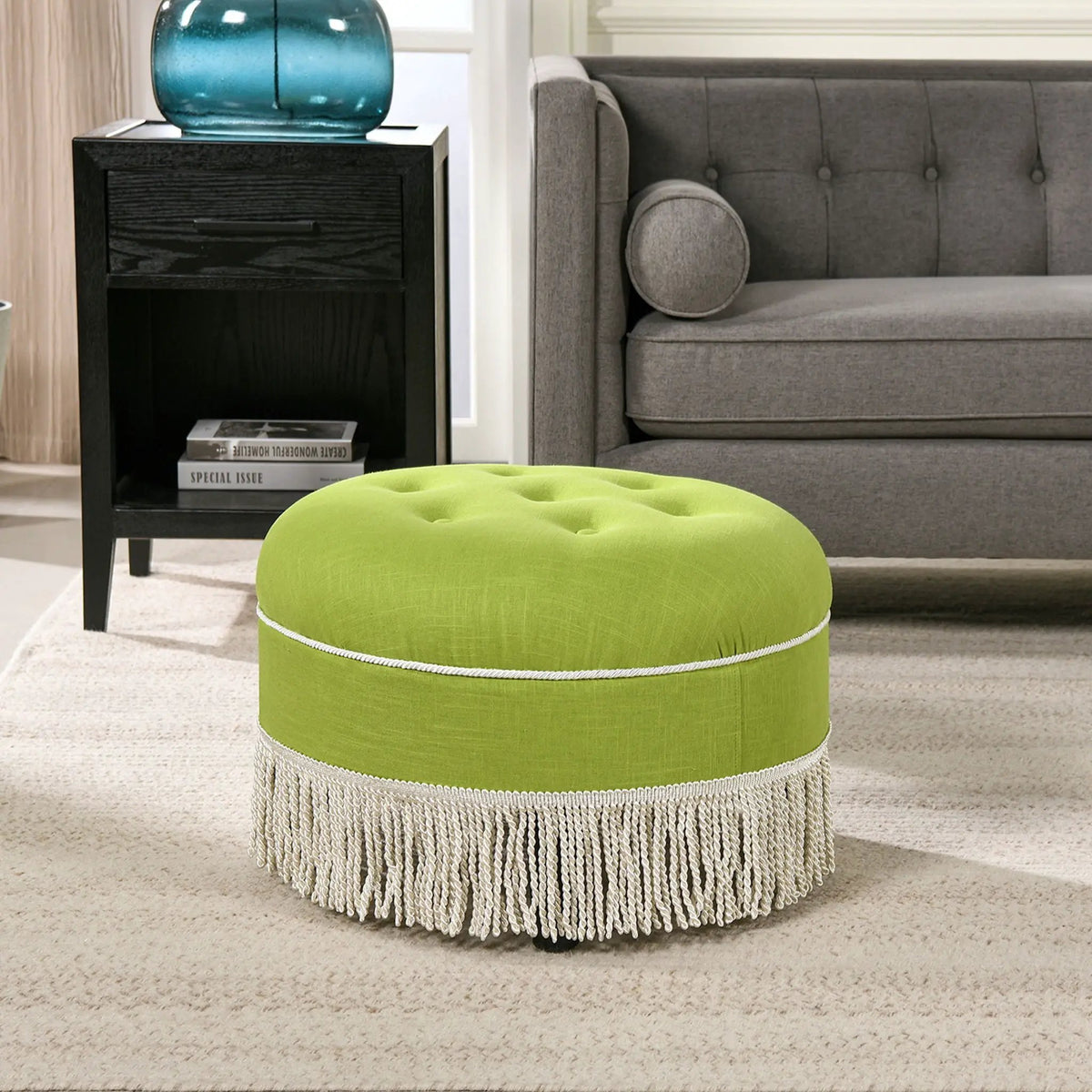 Yolanda Round Accent Ottoman | Handcrafted Quality | Kiln-Dried Hardwood Frame | 16 Inch Height