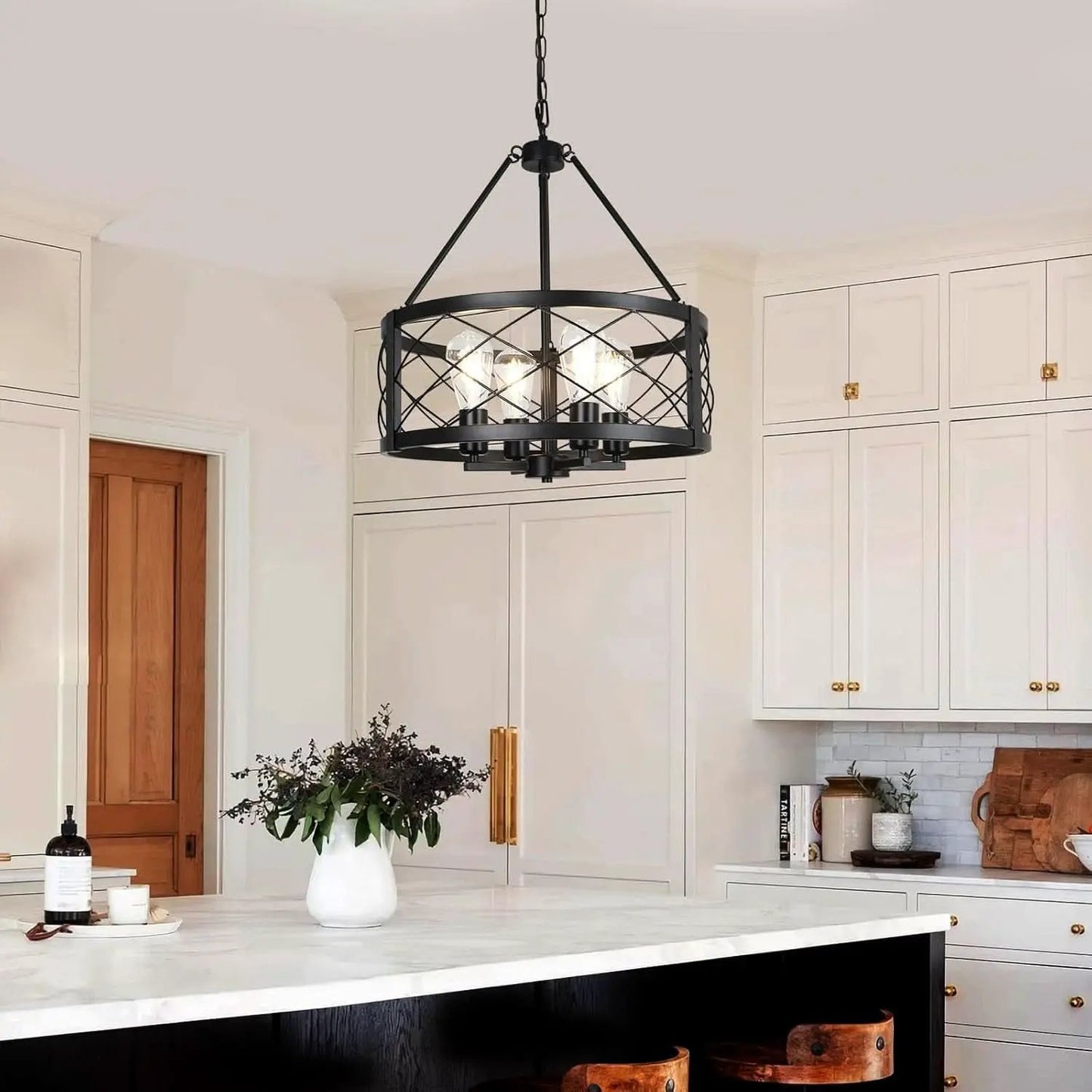Black Industrial Chandelier Four Light Drum Fixture from PriceLows™
