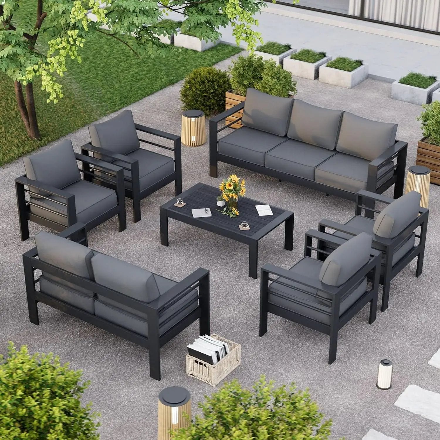 Aluminum Patio Set 7 Piece With Waterproof Covers Grey from PriceLows™