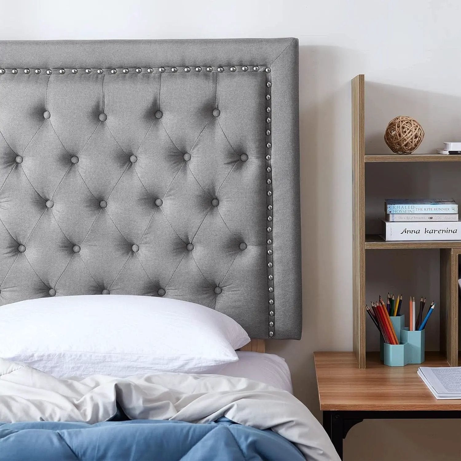 Tufted Linen Gray Dorm Headboard with Nailhead Trim from PriceLows™