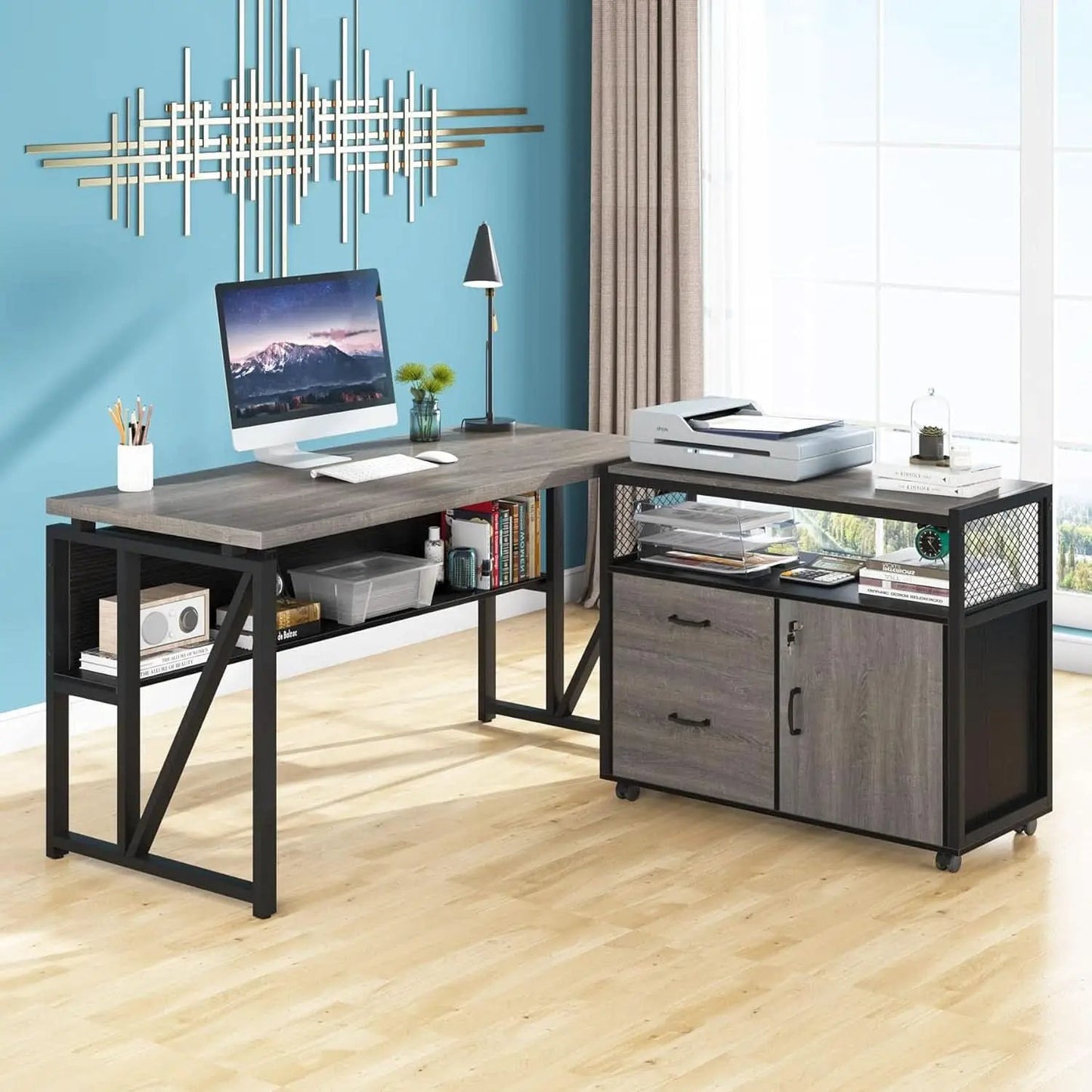Gray L-Shaped Desk 55 Inch With Storage Cabinet For Office from PriceLows™