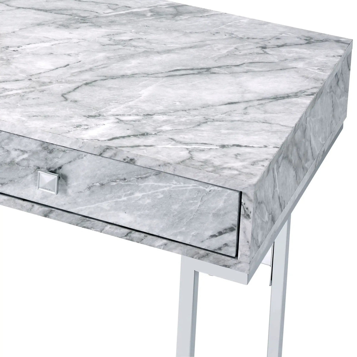 Tigress Writing Desk | Printed Faux Marble Top | White Engineered Stone Look | Two Storage Drawers