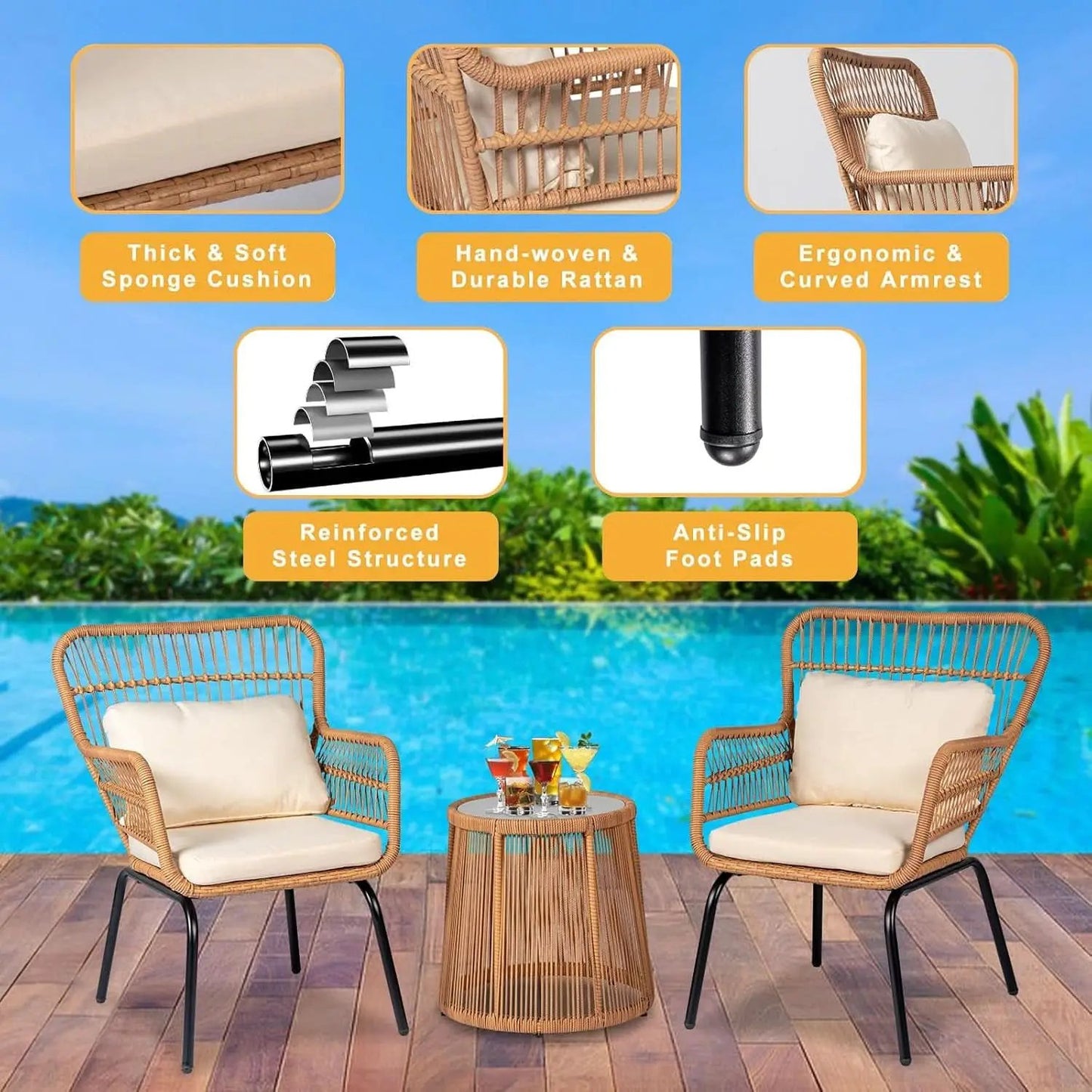 Outdoor Patio Wicker Bistro Set 3 Piece Yellow Beige from PriceLows™