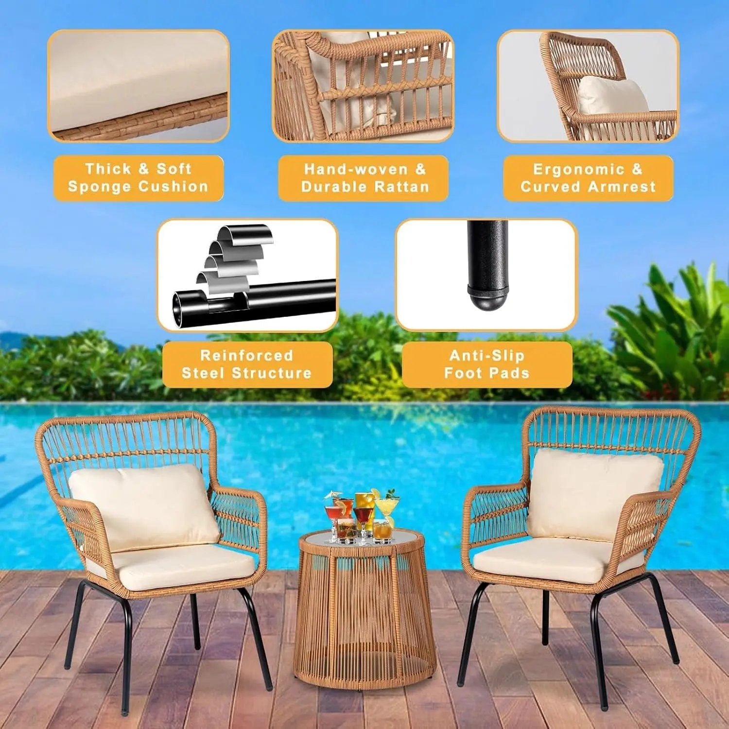 Outdoor Patio Wicker Bistro Set 3 Piece Yellow Beige from PriceLows™