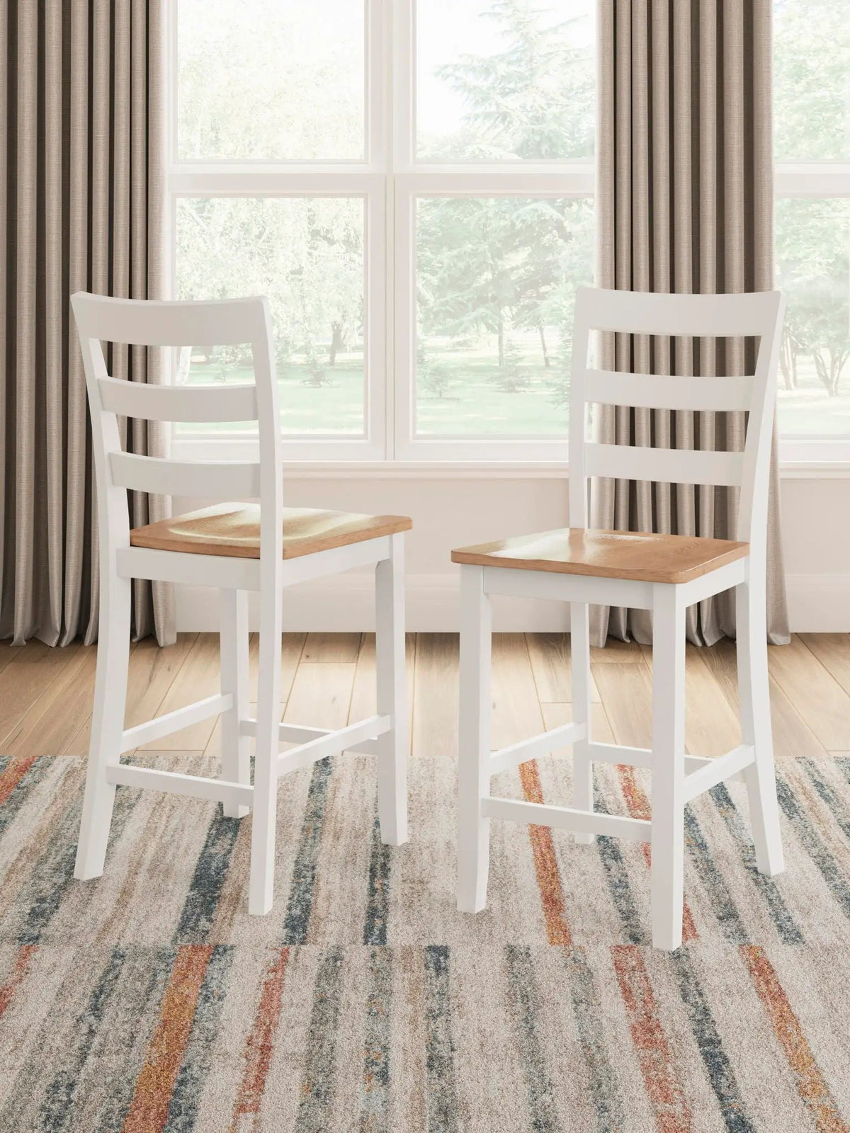 Counter Height Bar Stools | Contoured Seat | Natural Wood | Set Of Two