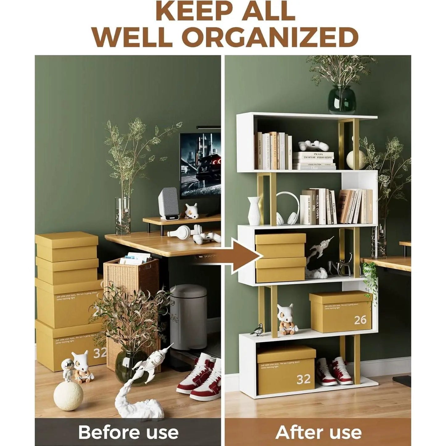 Gold 5 Tier S Shaped Wooden Bookcase For Living Room from PriceLows™