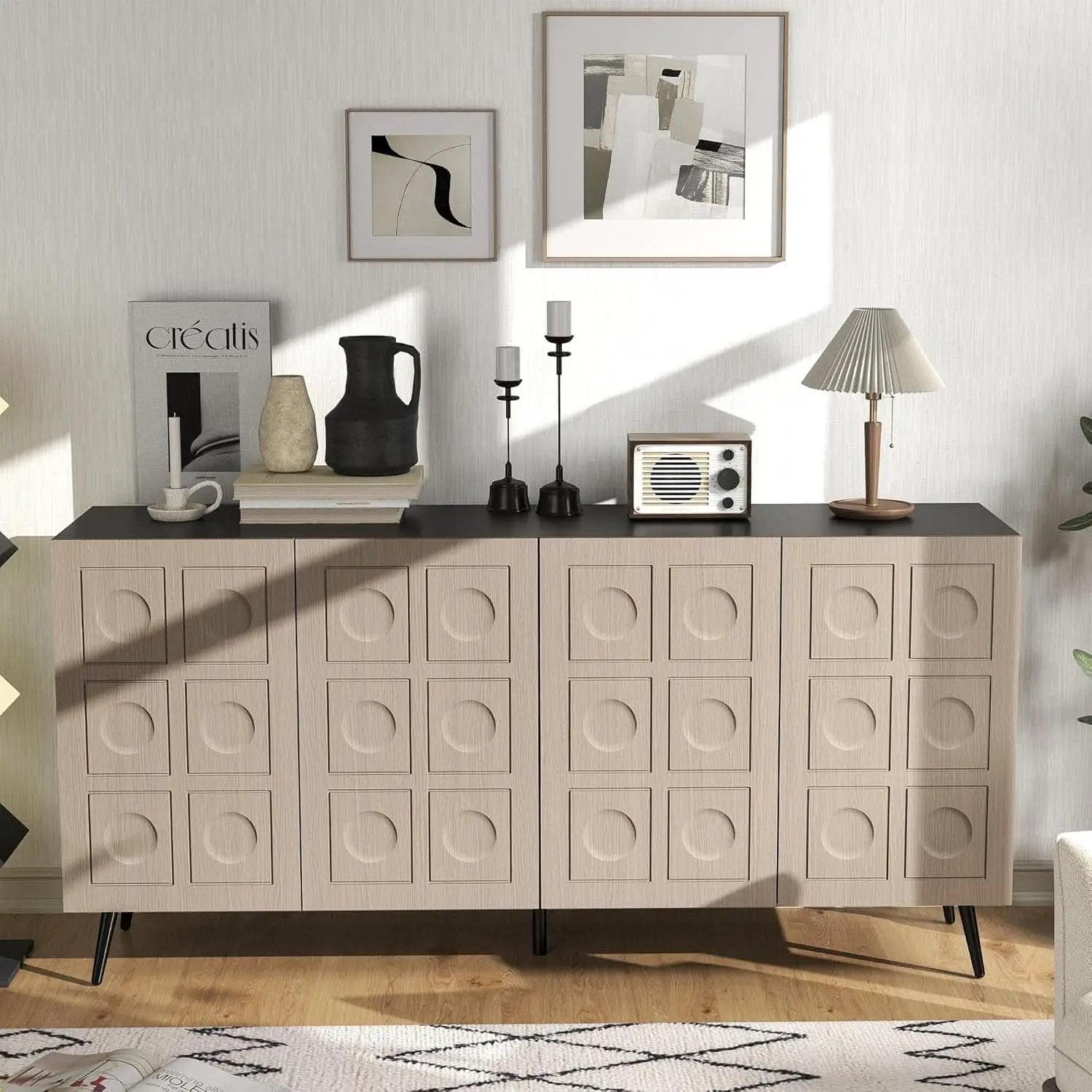 63 Inch Oak And Black Mid Century Modern Sideboard from PriceLows™