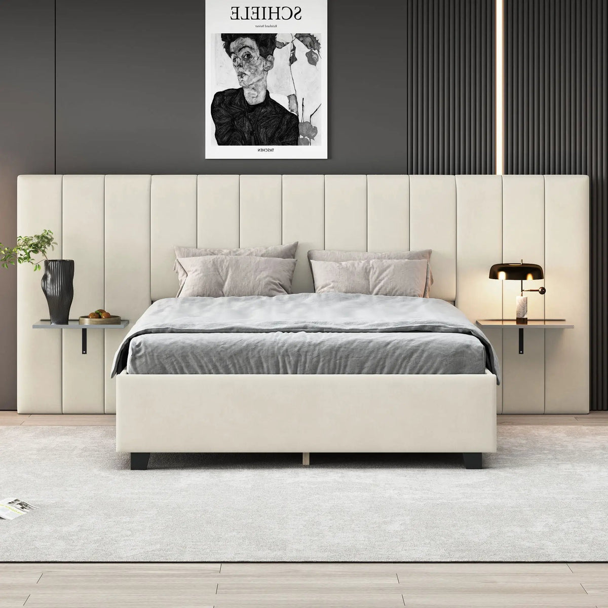 Upholstered Platform Bed | Oversized Ultra-Soft Headboard | Integrated Side Shelves | 111.8 Inch Length