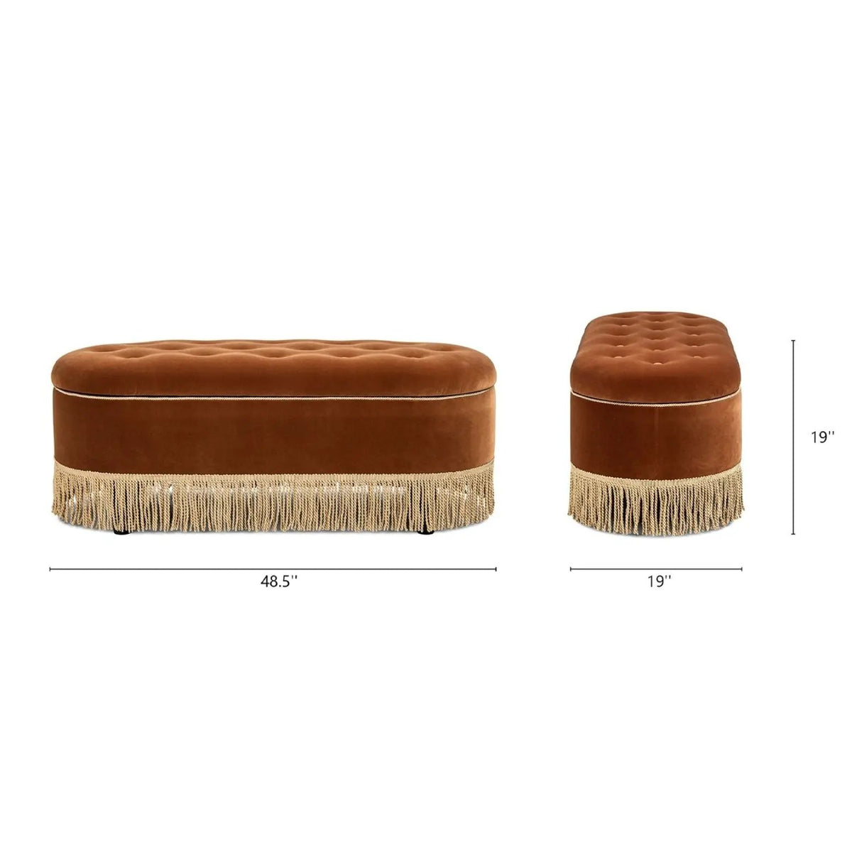 Melinda Oval Storage Bench | Button Tufted Seat | Bullion Fringe | Flip-Top Compartment