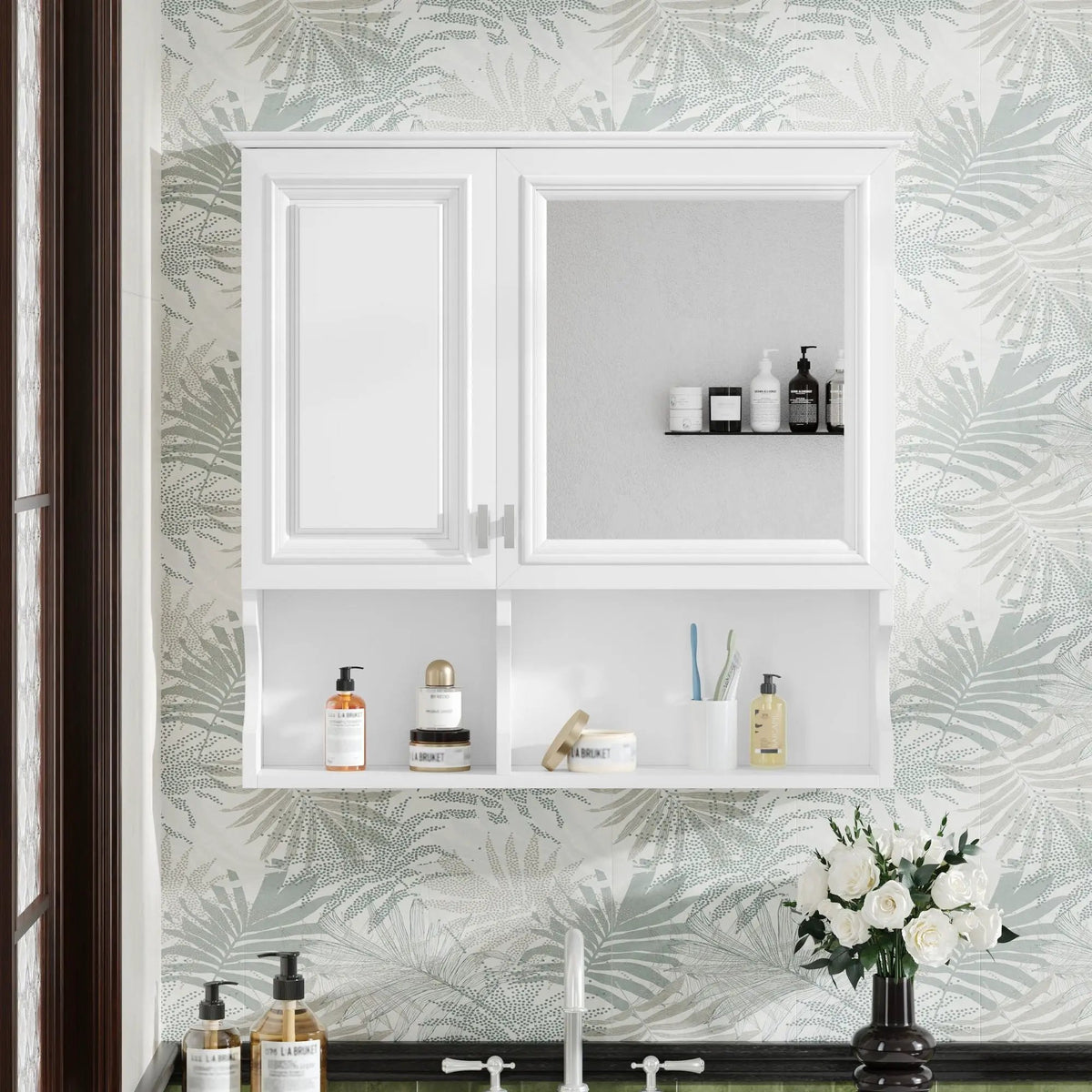 Wall Mounted Mirror Medicine Cabinet | 30 Inch Width | Doors And Open Shelves | Adjustable Shelf