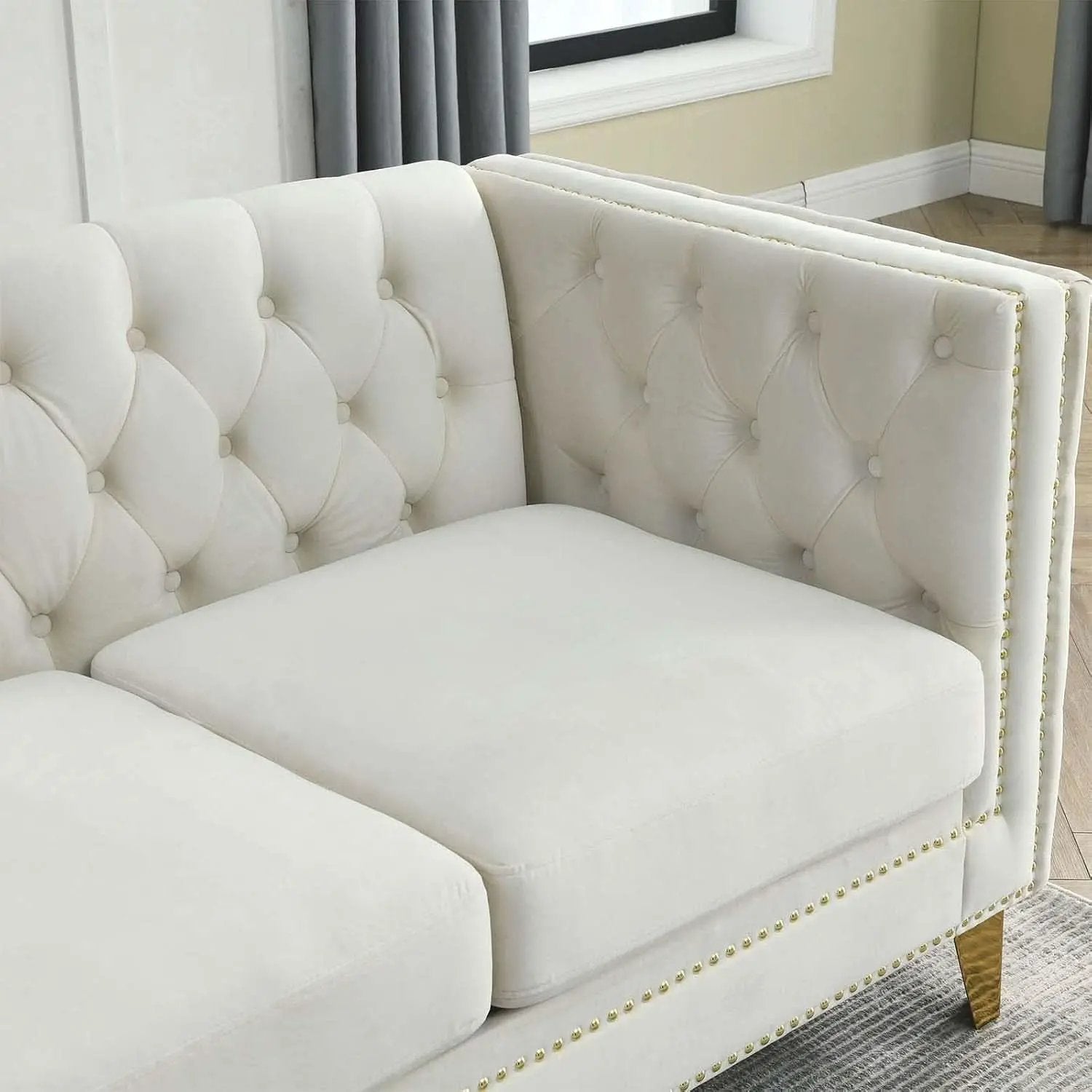 Velvet Beige 80-Inch Sofa Set With 58-Inch Loveseat And Gold Nail Heads from PriceLows™