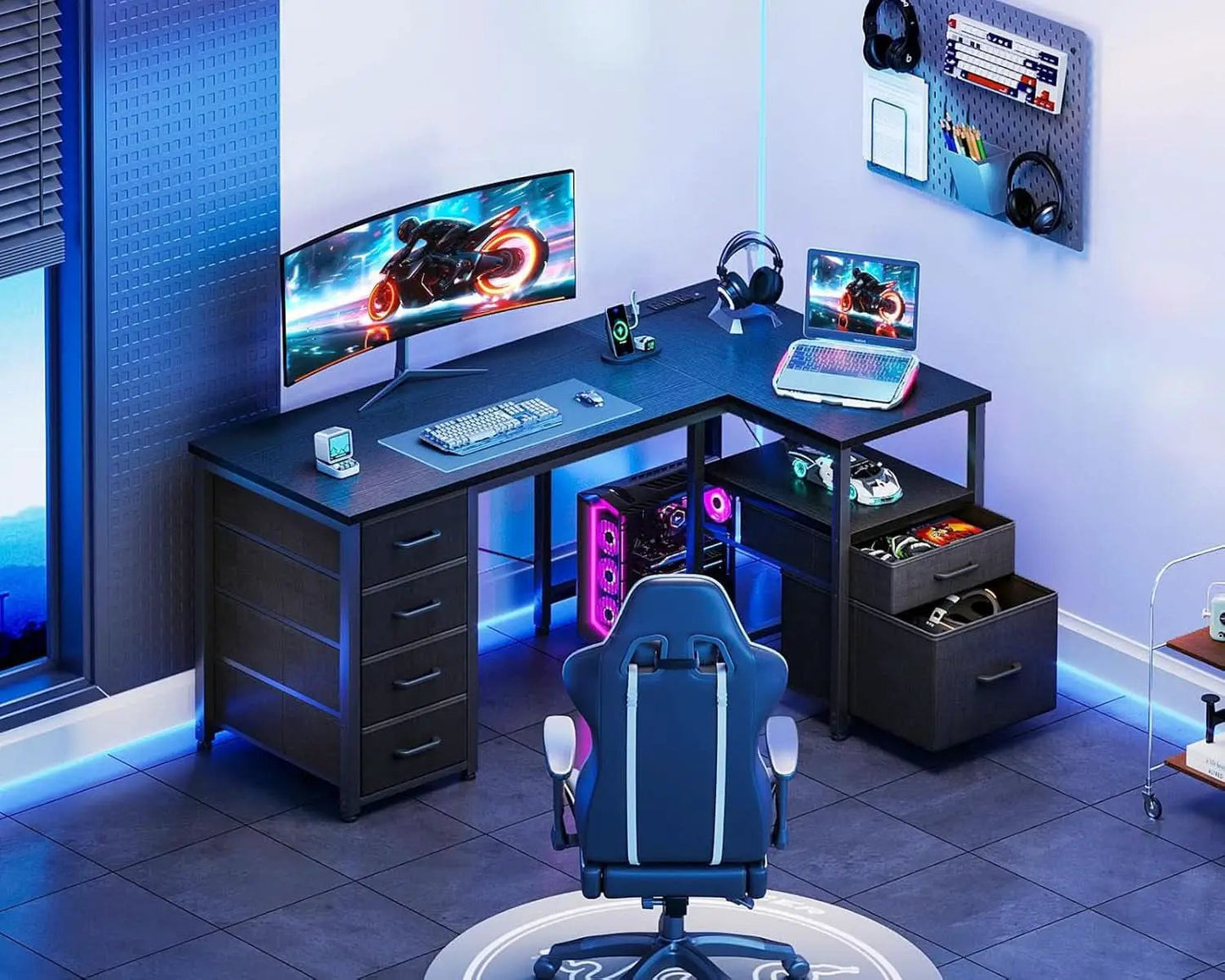 L Shaped Computer Desk 55 Inch With 6 Drawers Home Office from PriceLows™