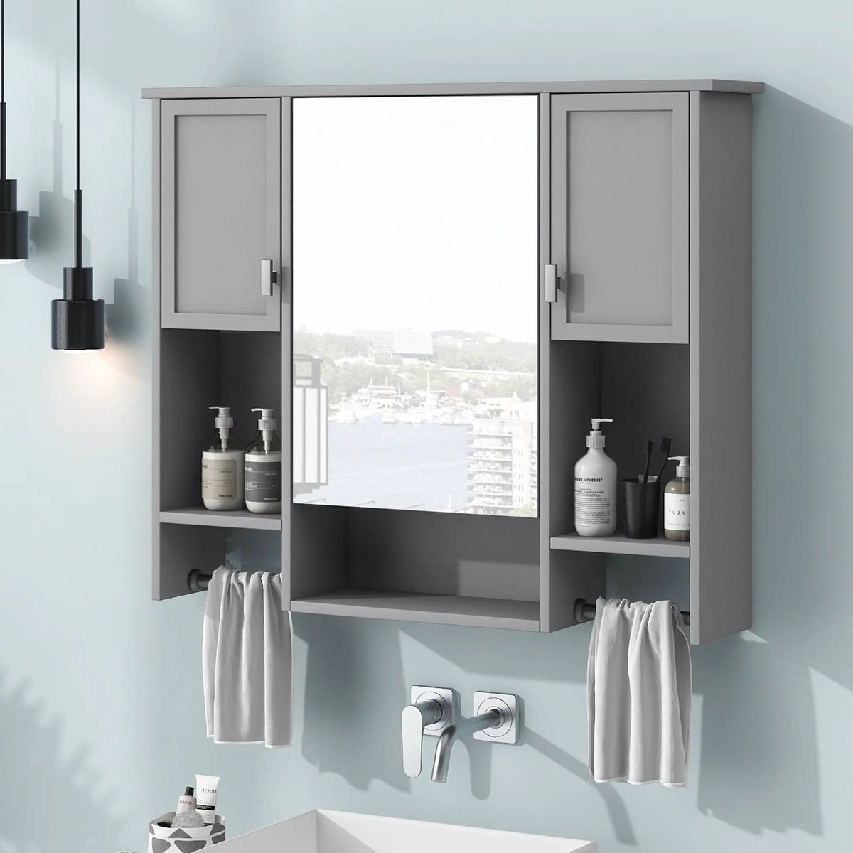 Wall Mounted Bathroom Cabinet With Mirror | Towel Bar | Closed Cabinets And Open Shelves | 35 Inch Width