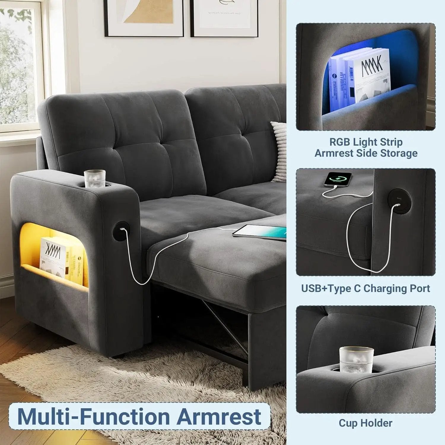 84 Inch Sleeper Sofa Bed Dark Grey Velvet With LED Storage from PriceLows™