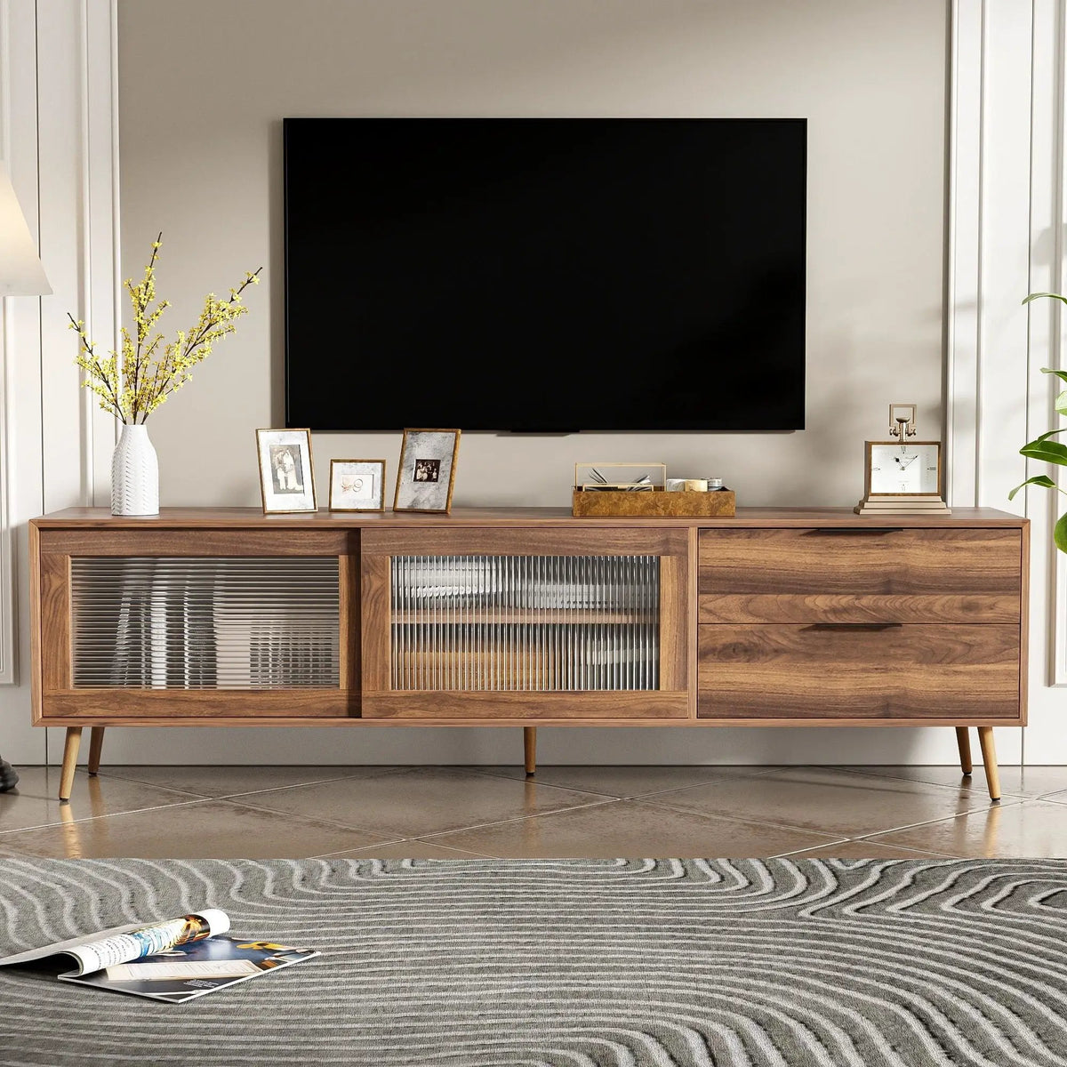 Walnut TV Stand | Media Console | 2 Doors 2 Drawers | Solid Wood Legs