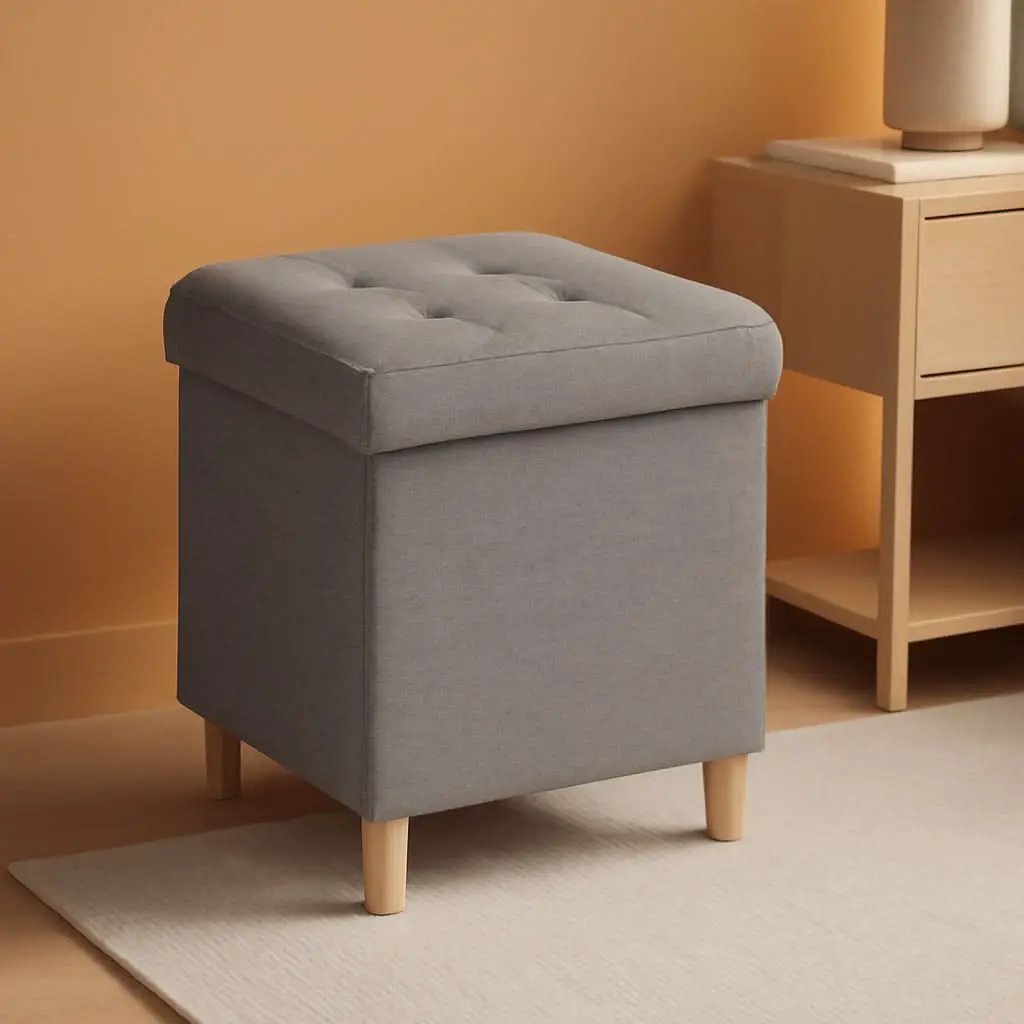 Linen Fabric Storage Ottoman Cube With Tray Lid Elevated Legs 18 Inch from PriceLows™