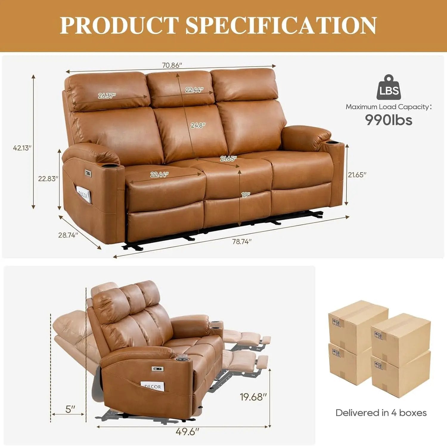 Power Reclining Sofa Brown PU Leather Independent Backrests from PriceLows™
