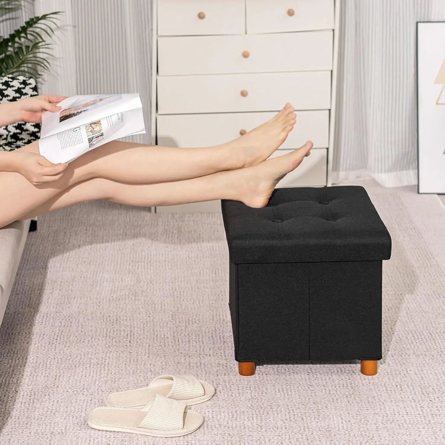 Black Linen Premium Storage Cube Ottoman Tray 15Inch from PriceLows™
