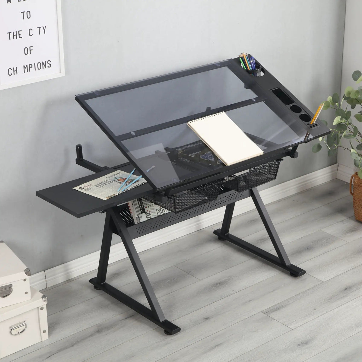 Tempered Glass Drafting Table | Adjustable Tilt 0 To 75 Degrees | Two Metal Drawers | Chair Included