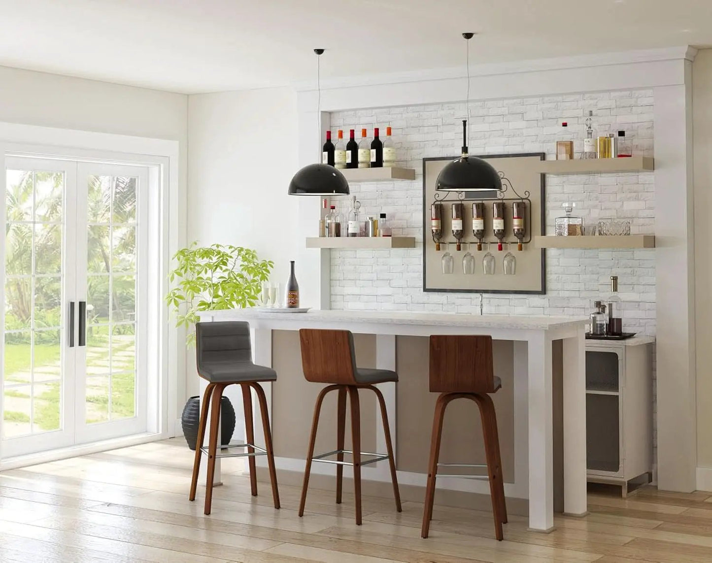 Mid-Century Modern Barstool Grey Faux Leather Wood Finish from PriceLows™