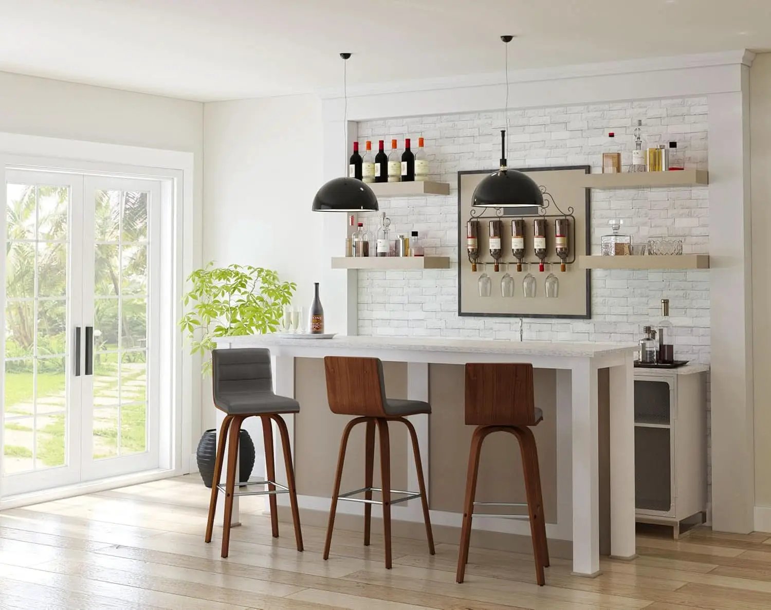 Mid-Century Modern Barstool Grey Faux Leather Wood Finish from PriceLows™