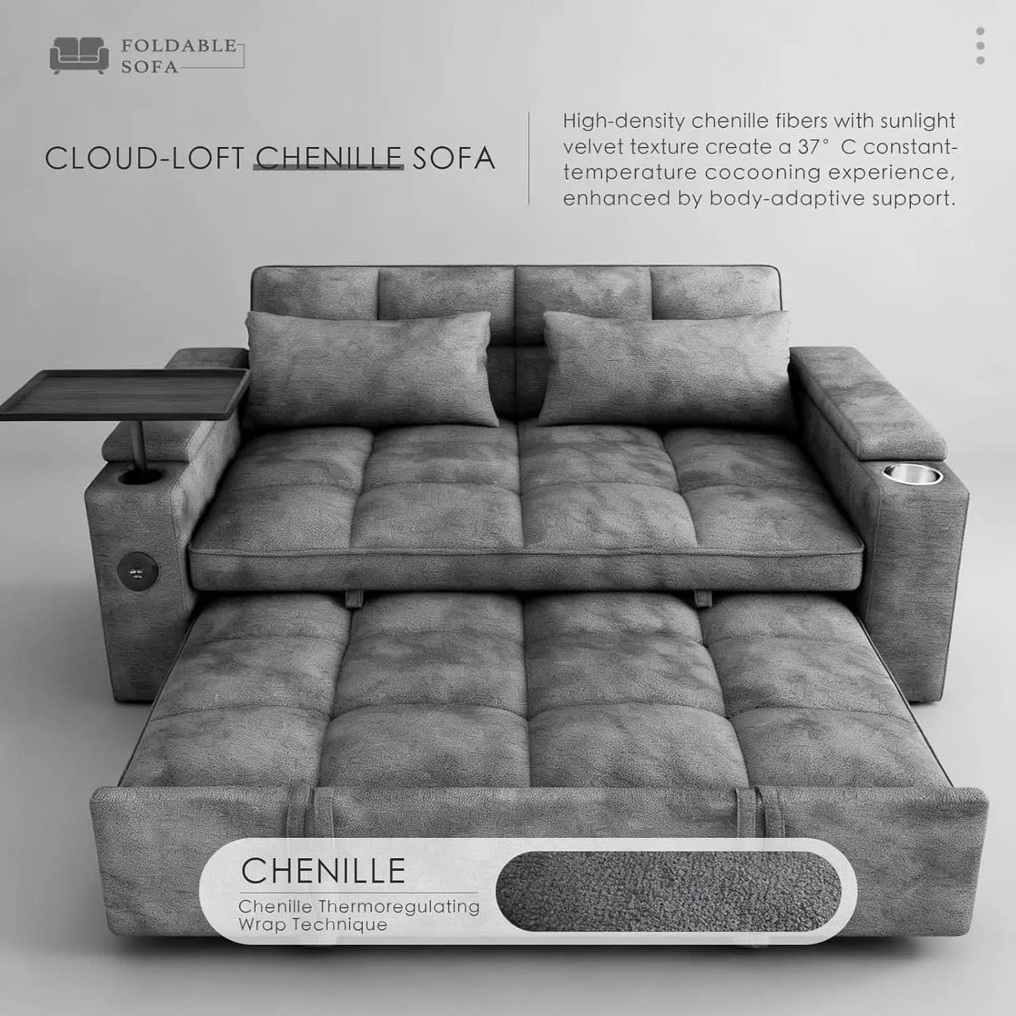 65Inch Grey Chenille Convertible Sleeper Sofa Table from PriceLows™