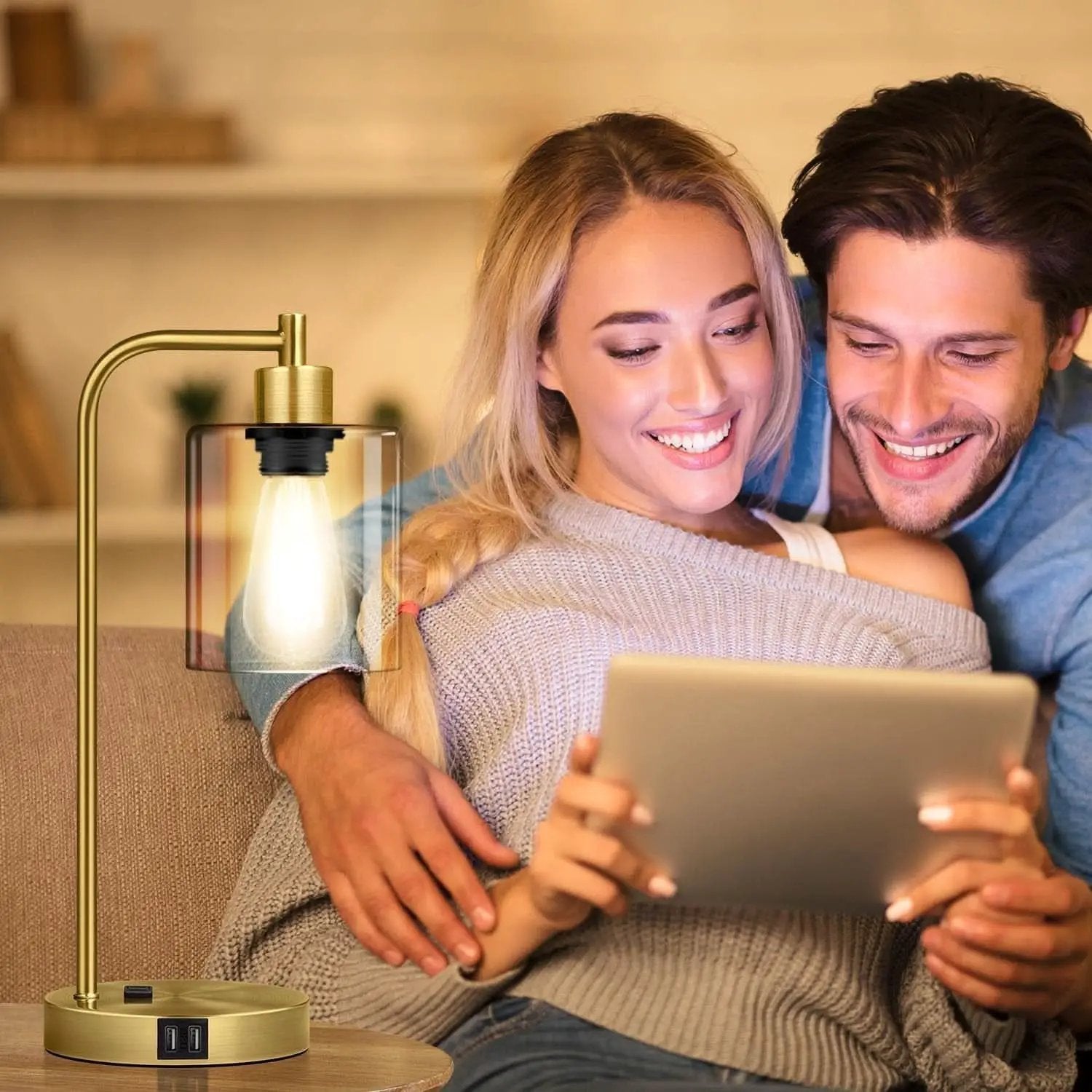 Industrial Touch Table Lamps Set Of 2 With USB Ports And AC Outlet Brass from PriceLows™