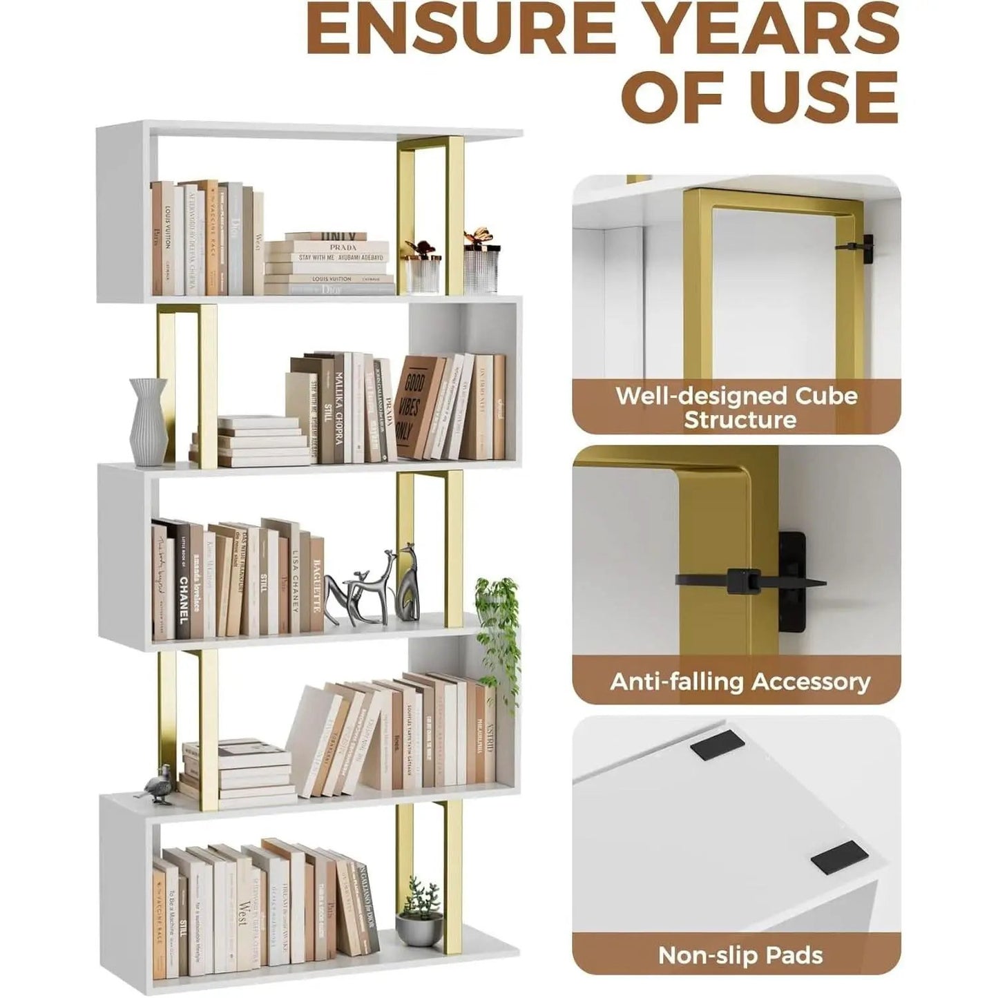 Gold 5 Tier S Shaped Wooden Bookcase For Living Room from PriceLows™