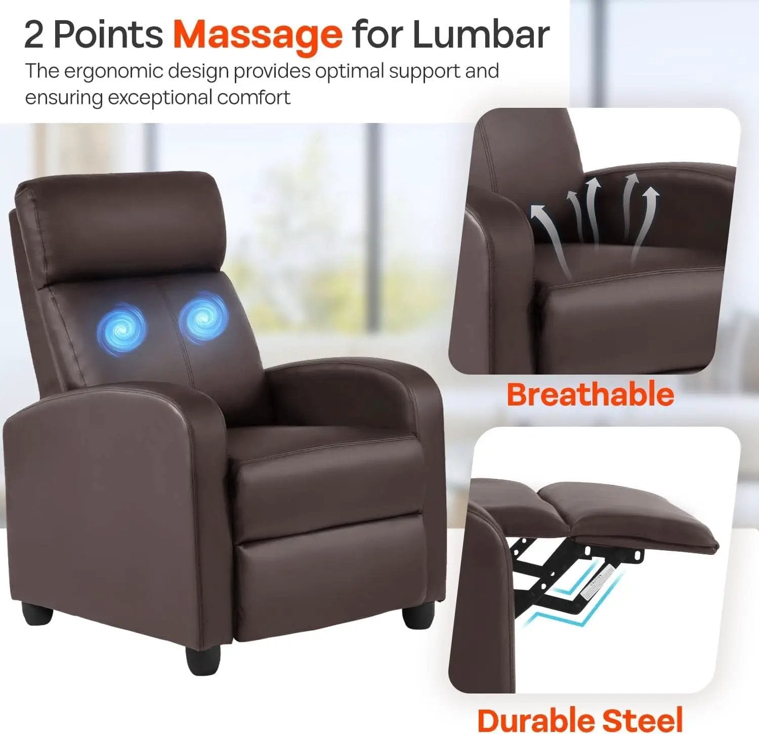 Leather Brown Recliner Chair Massage With Lumbar Support from PriceLows™