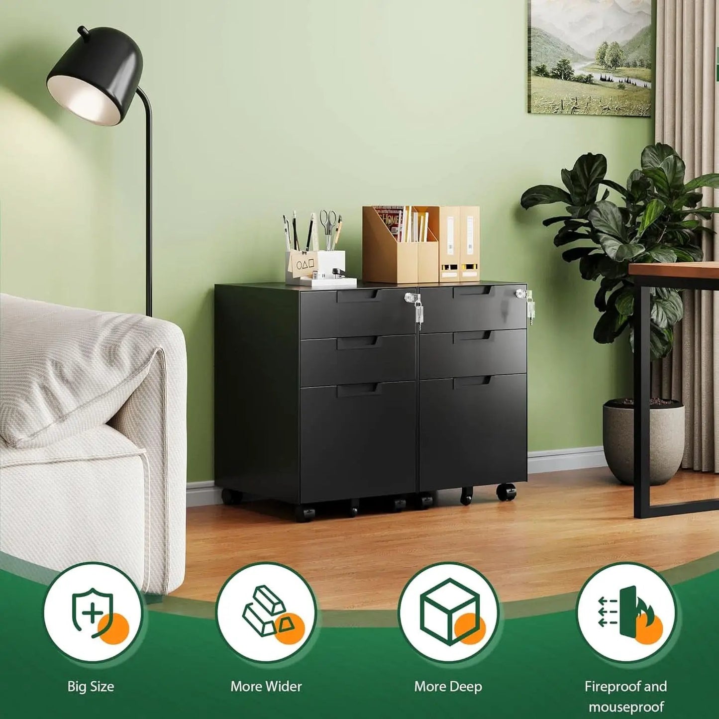 3 Drawer Mobile File Cabinet With Lock In Black Metal Under Desk Organizer For Letters Legal A4 from PriceLows™