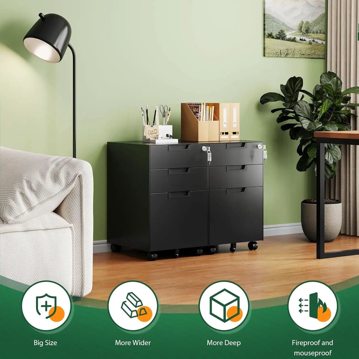 3 Drawer Mobile File Cabinet With Lock In Black Metal Under Desk Organizer For Letters Legal A4 from PriceLows™