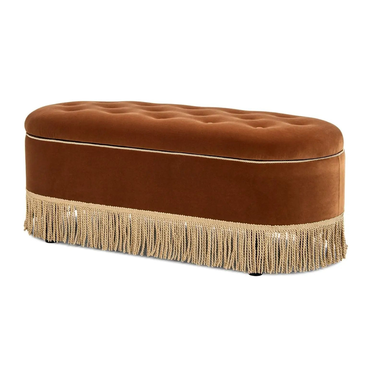 Melinda Oval Storage Bench | Button Tufted Seat | Bullion Fringe | Flip-Top Compartment