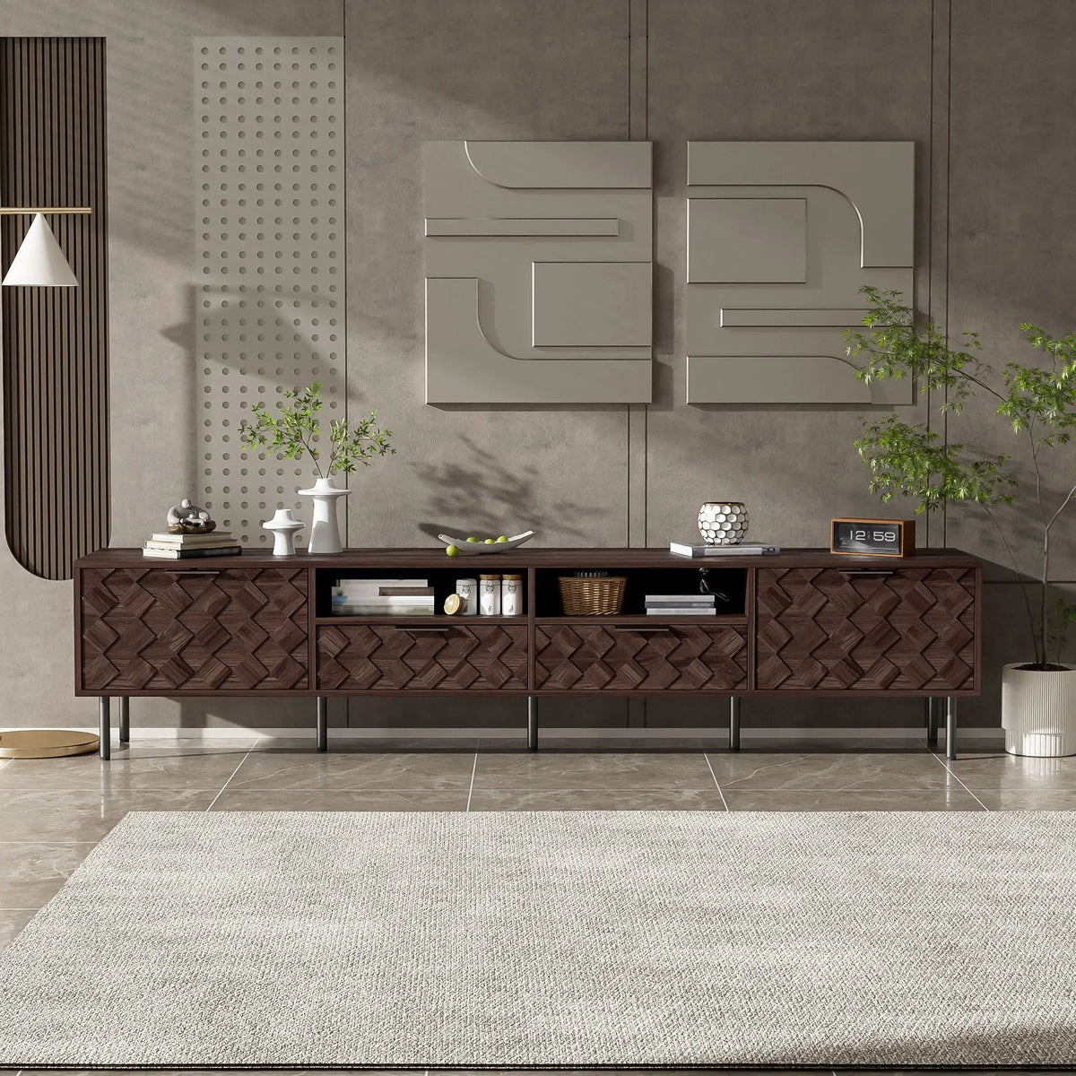 85 Inch TV Stand | Closed Storage | 3D Diamond Interwoven Pattern | Soft Closing Hinges