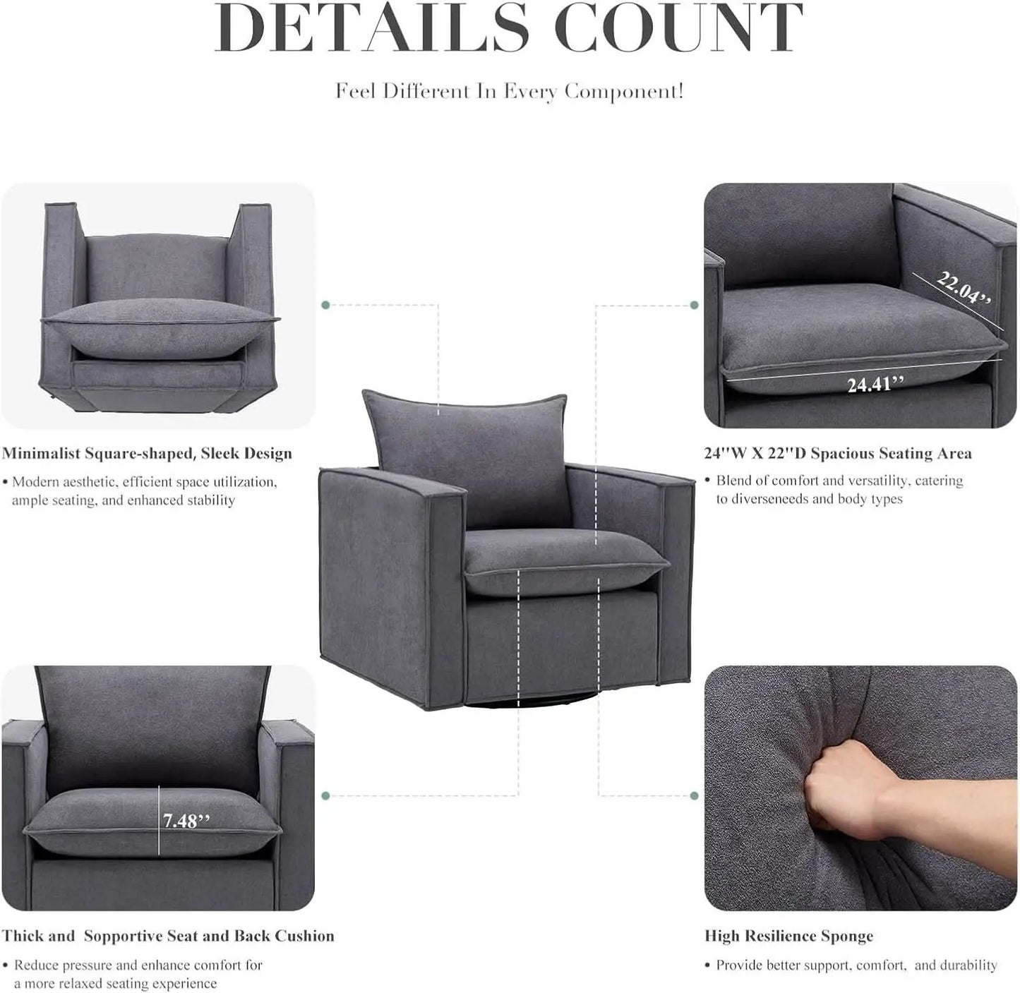 Charcoal Upholstered Swivel Accent Chair 34Inch Wide from PriceLows™