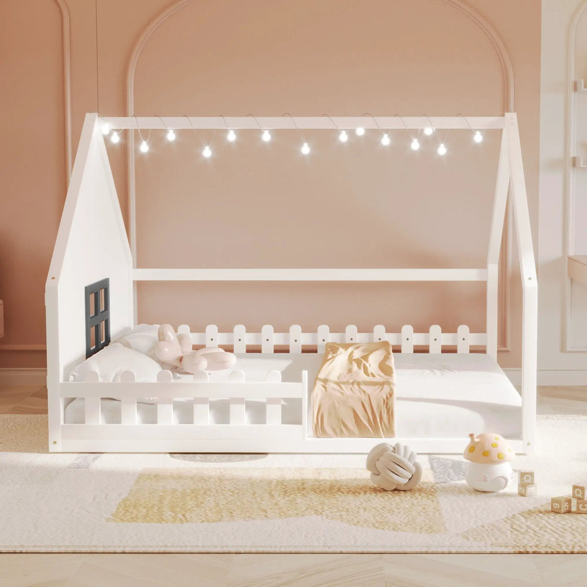 Platform House Bed | Window And Fence Design | Solid Pine Wood | Built-In LED Light