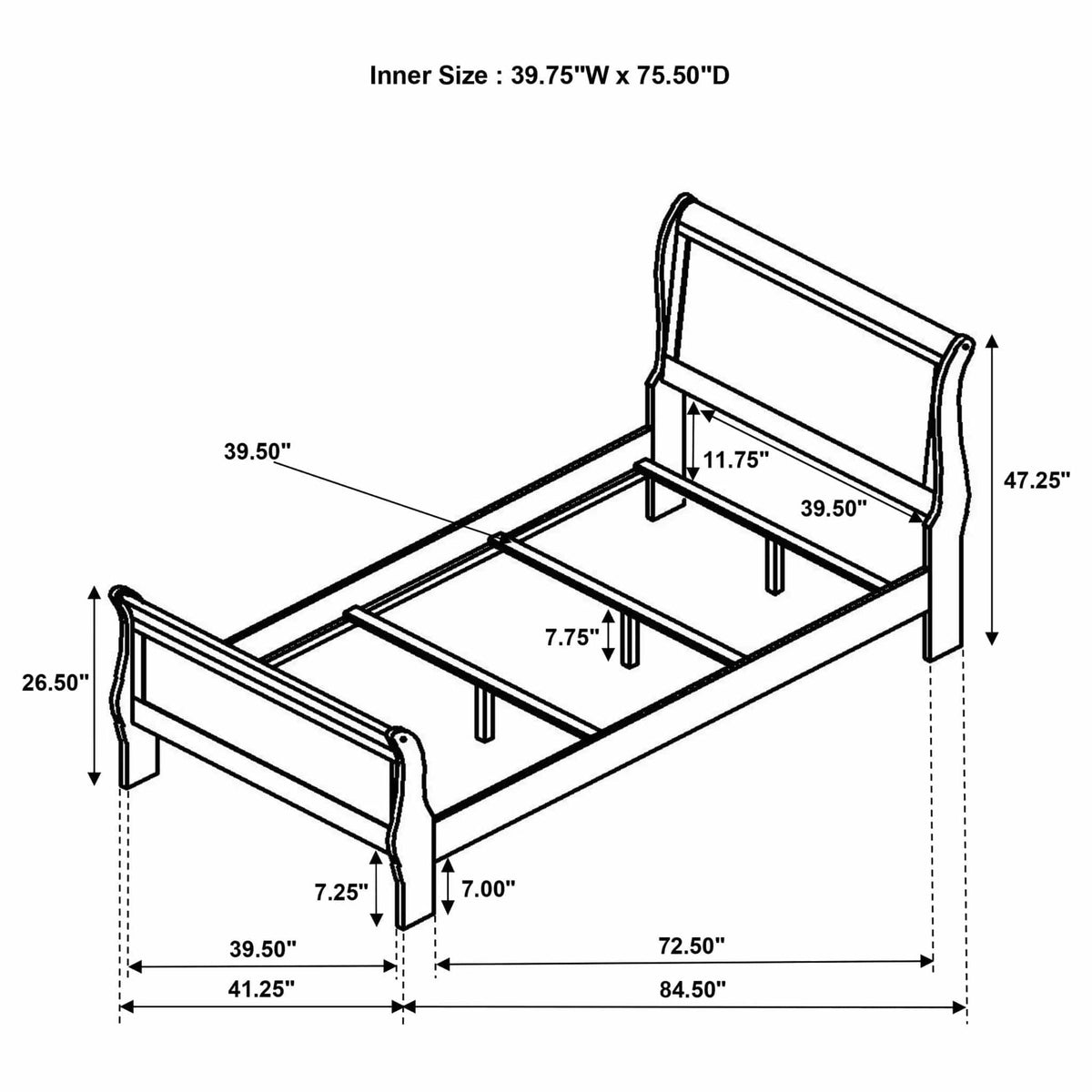 Louis Philippe 47-inch Twin Sleigh Panel Bed | 41.25 x 84.5 x 47.25 in | Bedroom Furniture | White