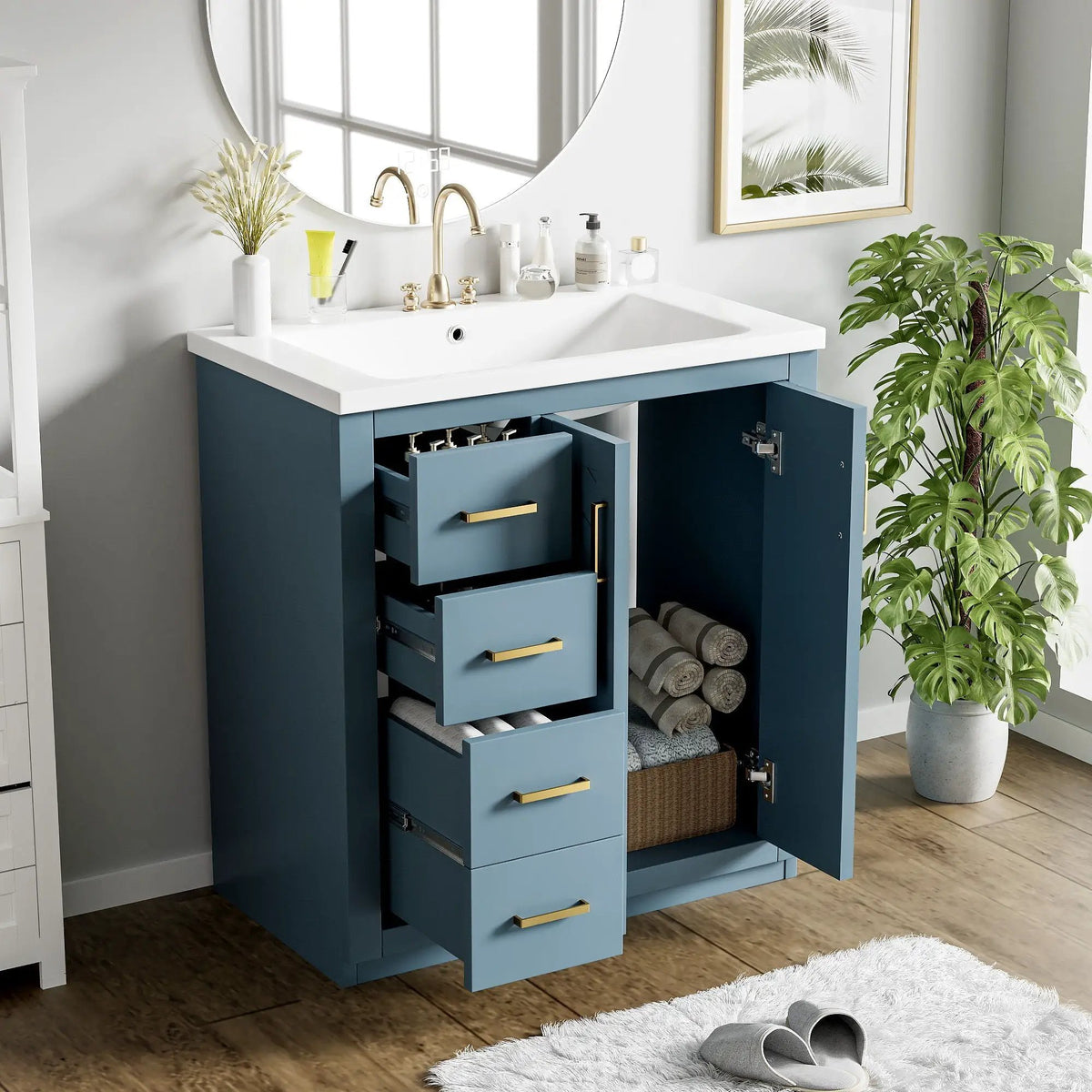 30 Inch Bathroom Vanity | 3 Drawers Soft Close | Solid Wood Ceramic Combo