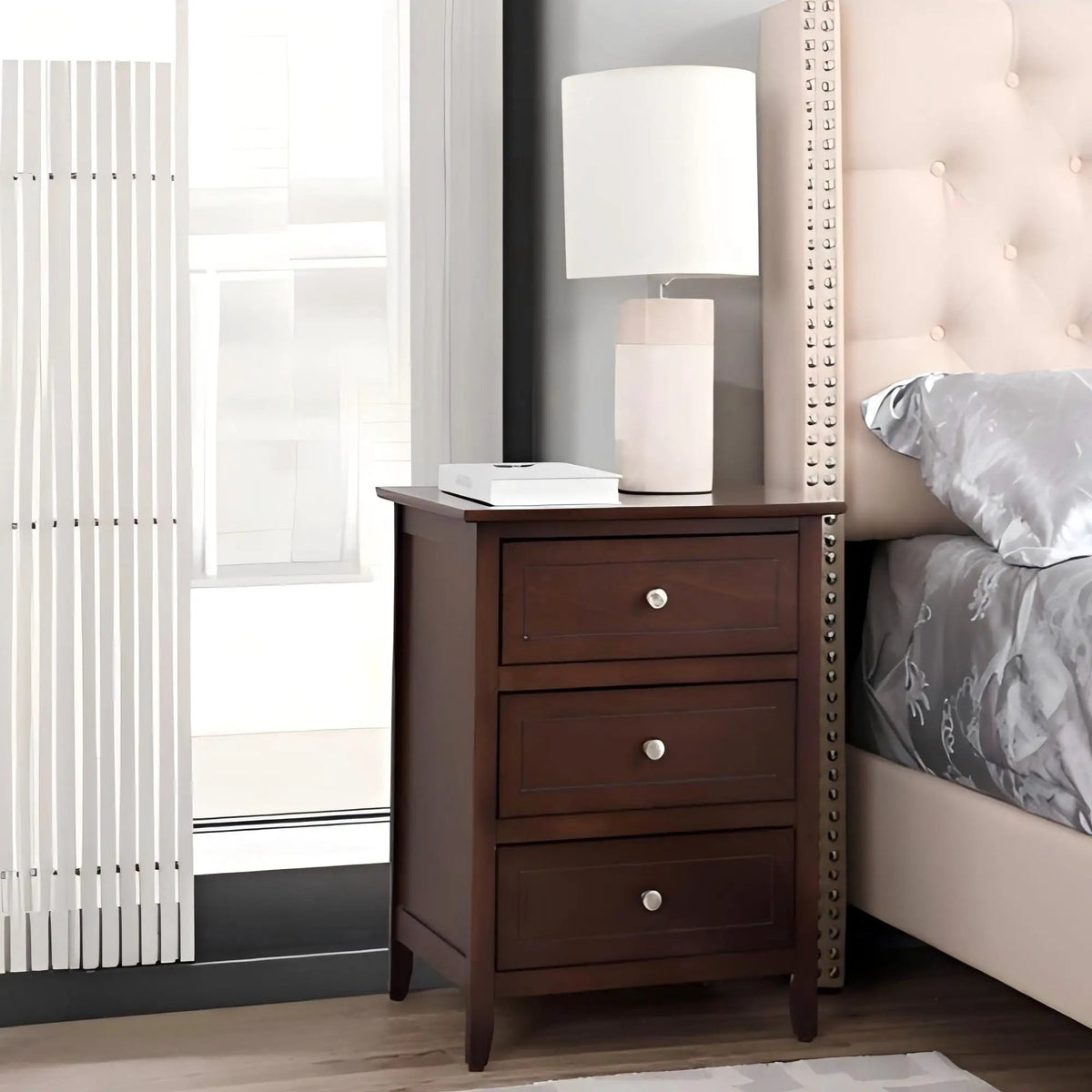 Nightstand | 3 Drawer | Real Wood Veneer | Nickel Hardware