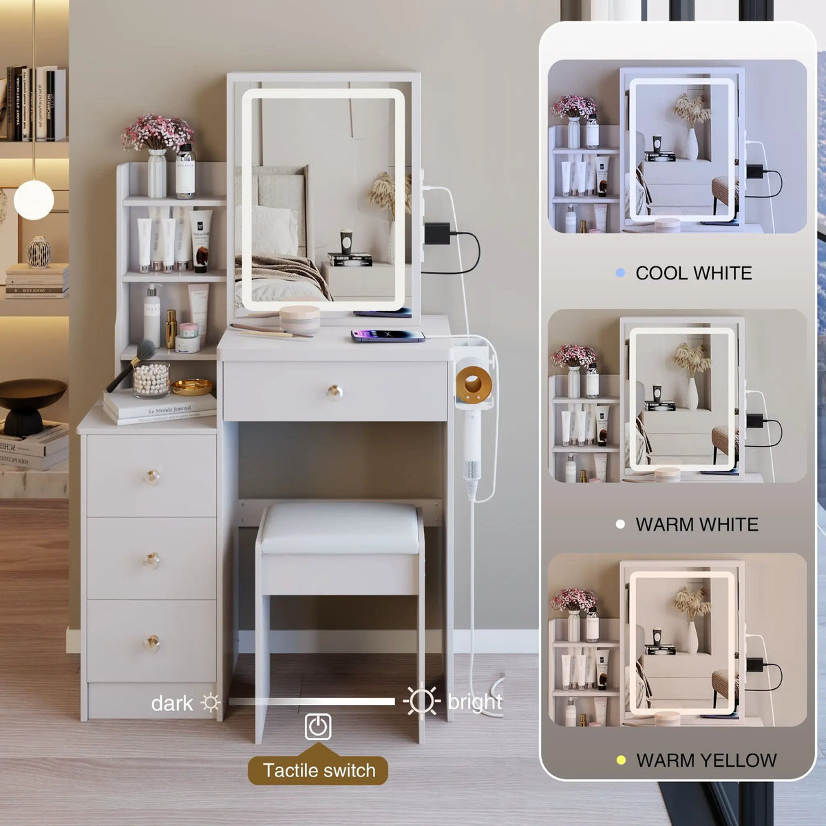 Vanity Table | Touch Led Mirror | Usb Power Hub | White