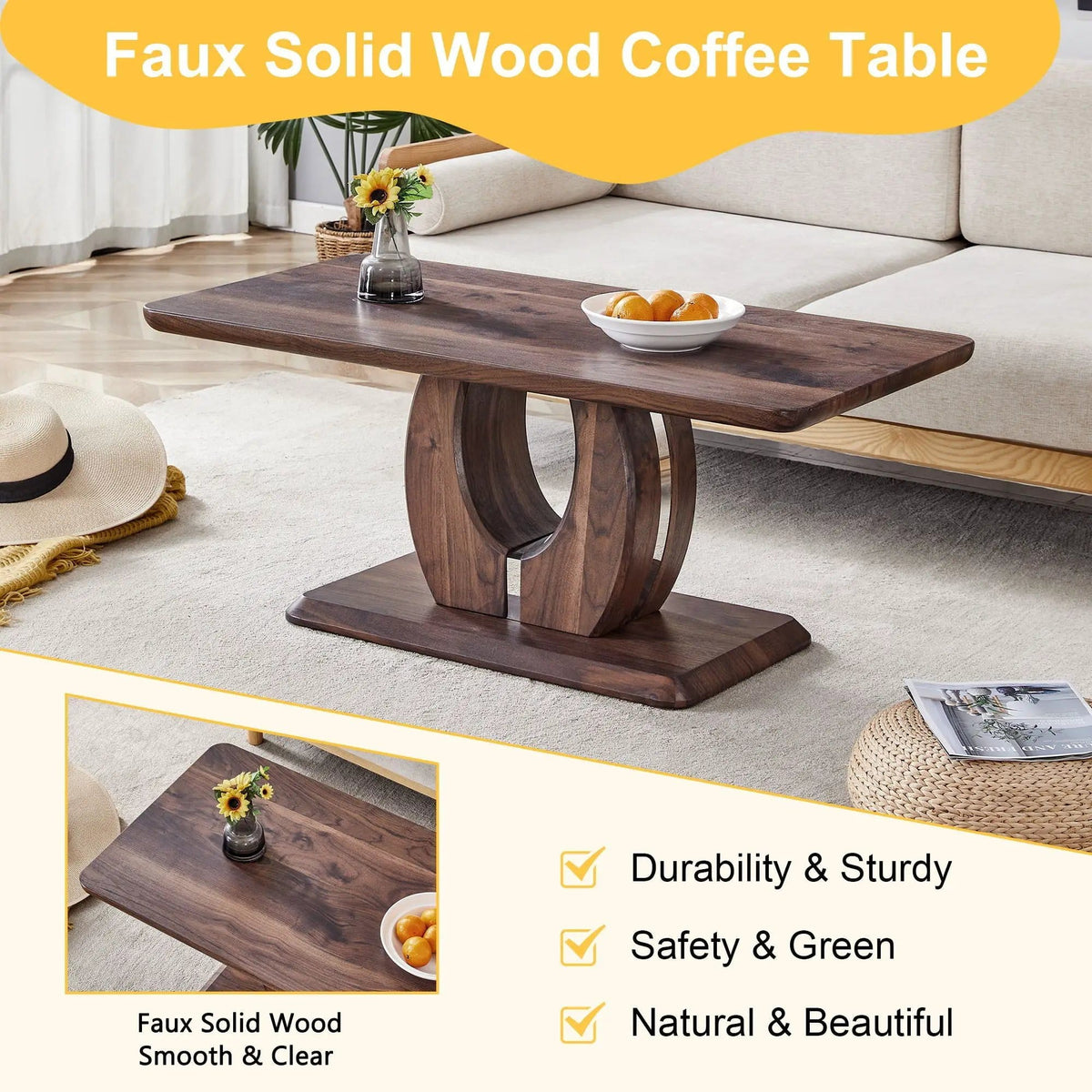 Modern, Minimalist Rectangular Coffee Table | 43.3 x 22.4 x 18.3 in | Walnut | Living Room