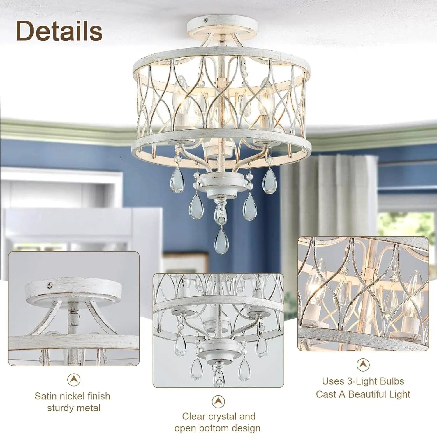 Farmhouse Crystal Ceiling Light Three Light White Fixture from PriceLows™