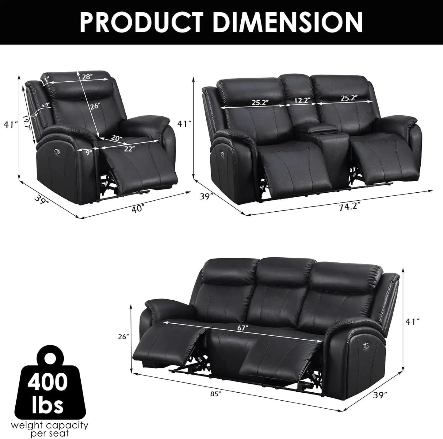 Power Recliner Sofa Set 3 Piece With Storage Black from PriceLows™