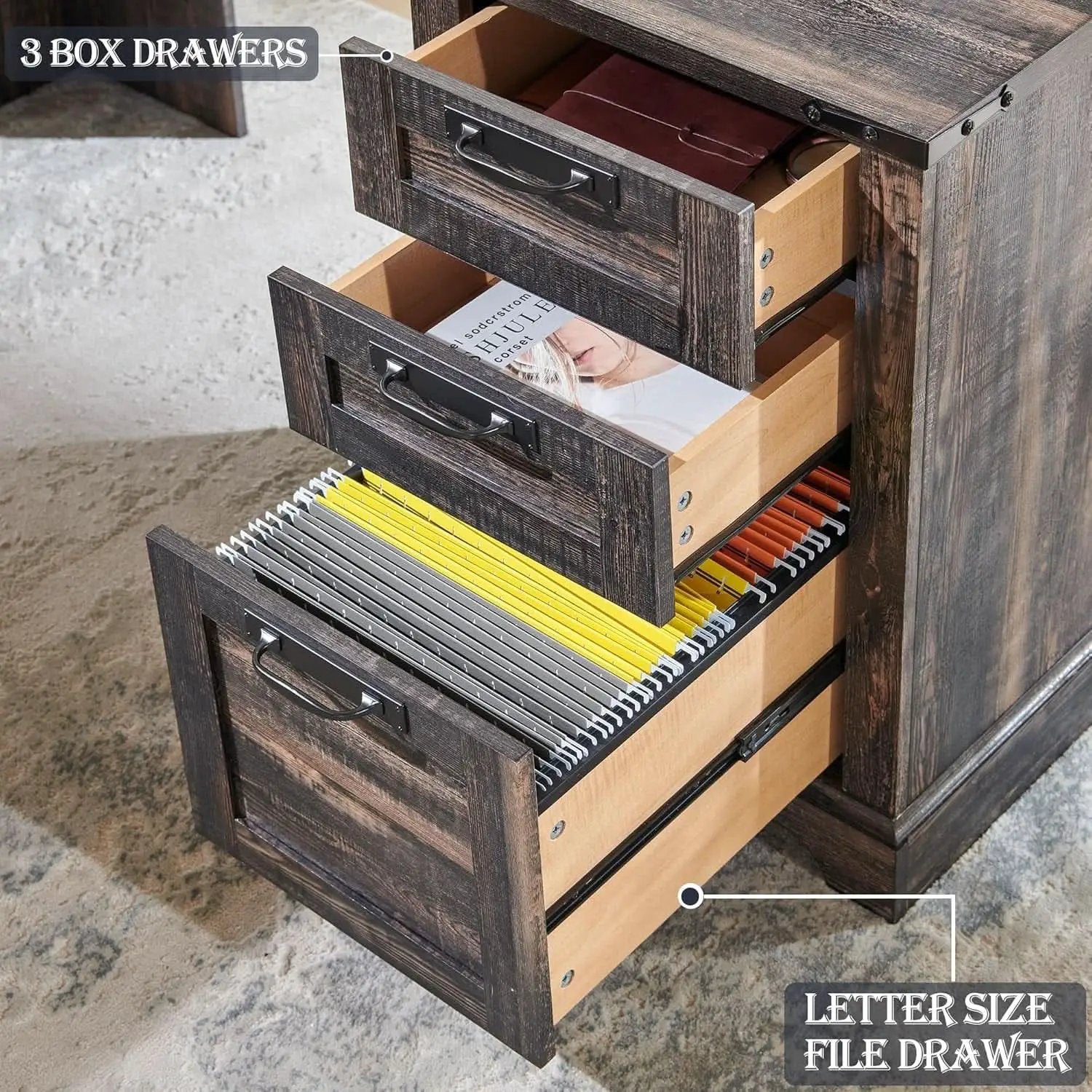 60In Farmhouse L Shaped Desk With Drawers Charging Oak from PriceLows™