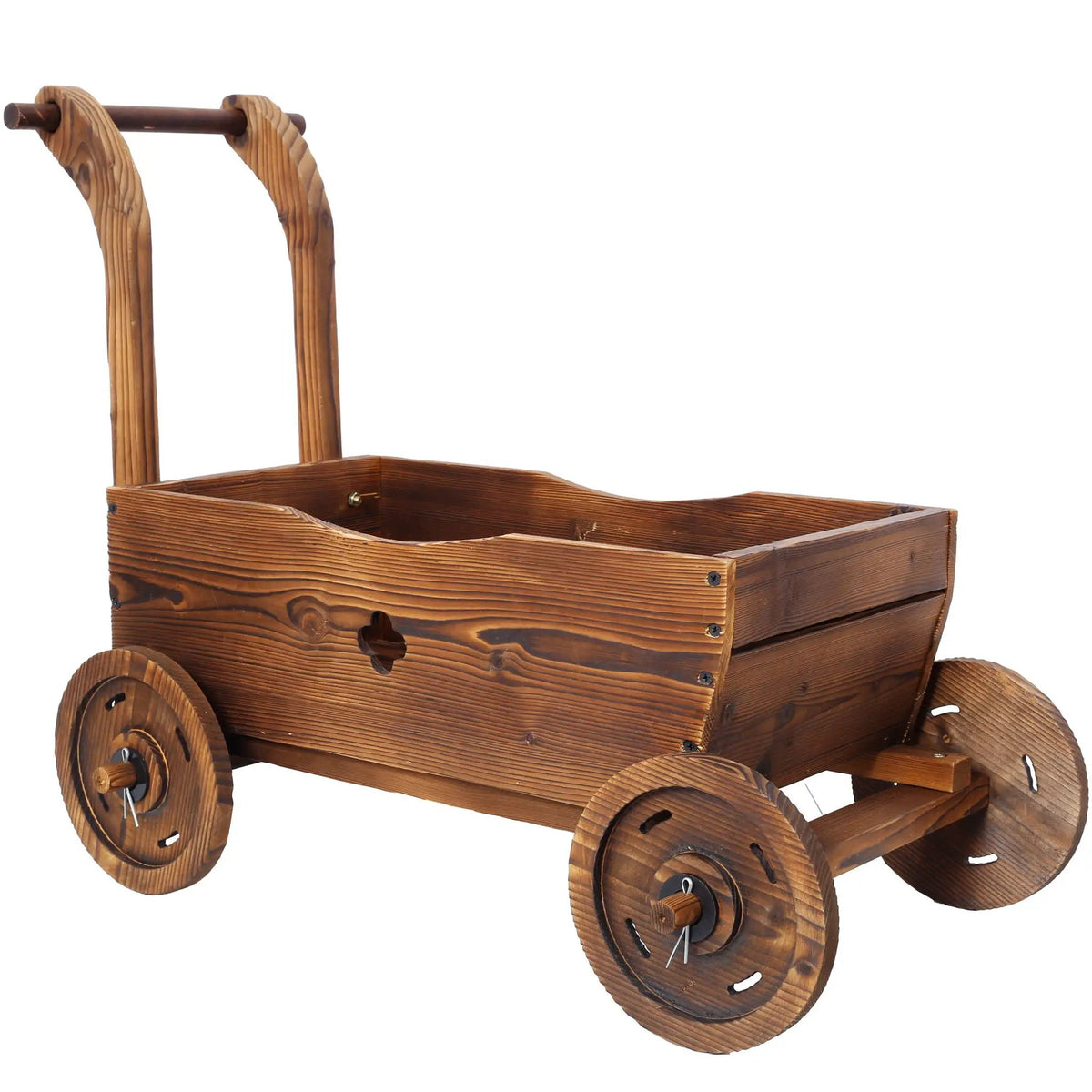 Wooden Wagon Planter Box | Four Sturdy Wheels | Ergonomic Handle | Brown