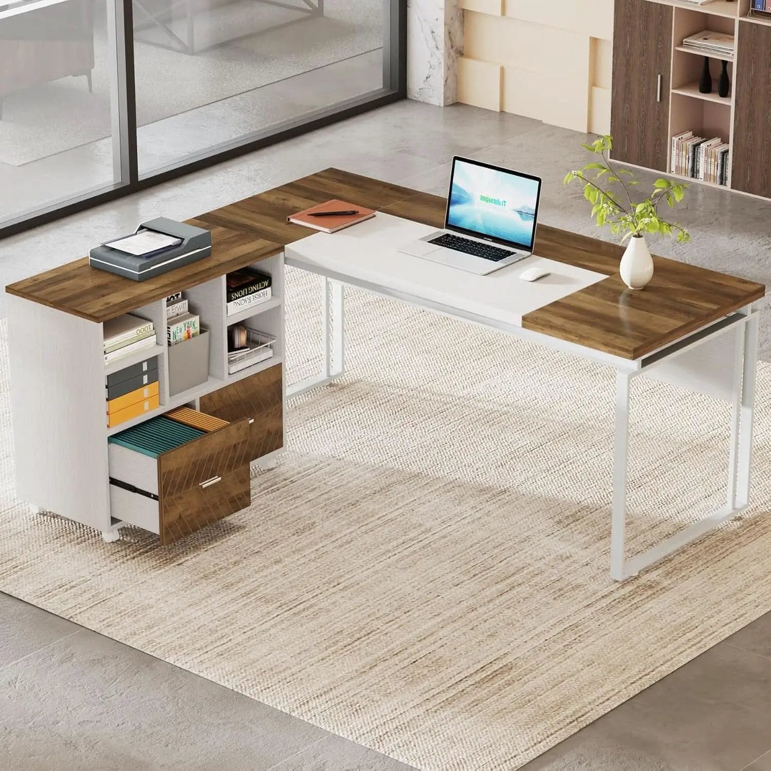 63 Inch L Shaped Desk Reversible Cabinet Natural Oak Wood Finish from PriceLows™