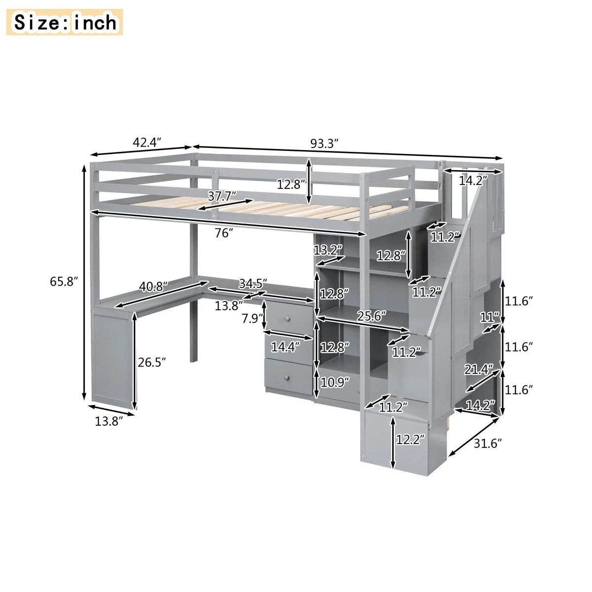 Loft Bed | L Shaped Desk | Storage Staircase | Built In Drawers