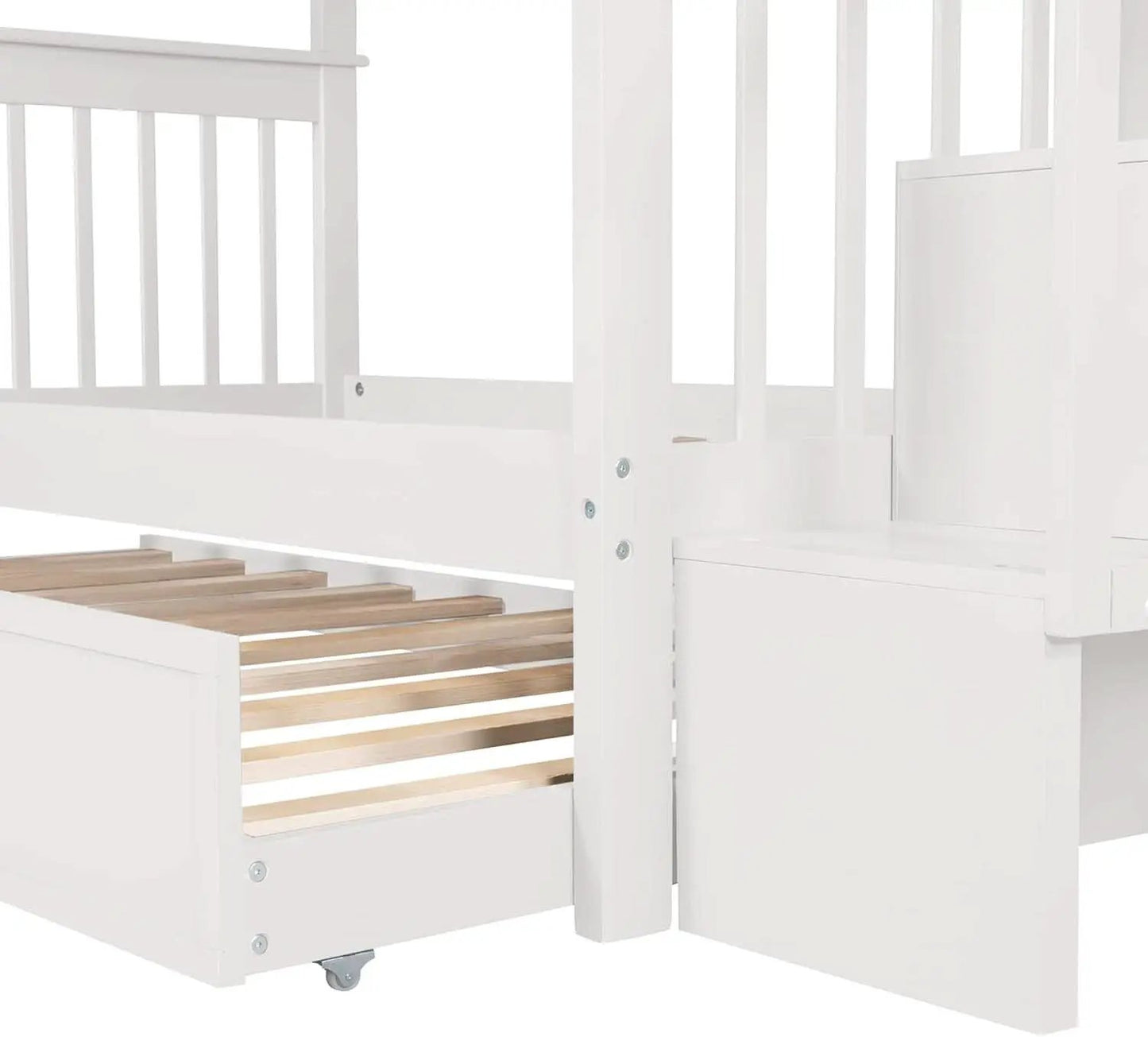 Twin Over Twin Bunk Bed With Stairs And Trundle White from PriceLows™